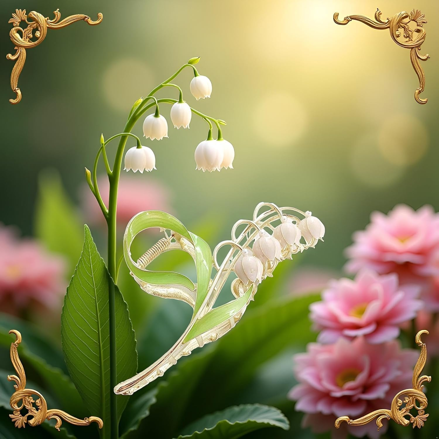 Pink Gold Lily of the Valley Flower Hair Clips, Claw Large Metal Claw Clip,Orchid Clamps,Lily Jaw Clamp Styling Accessories for Thick Thin Clips and Barrettes Hair Clips Hair Accessories Hair Care image number 1