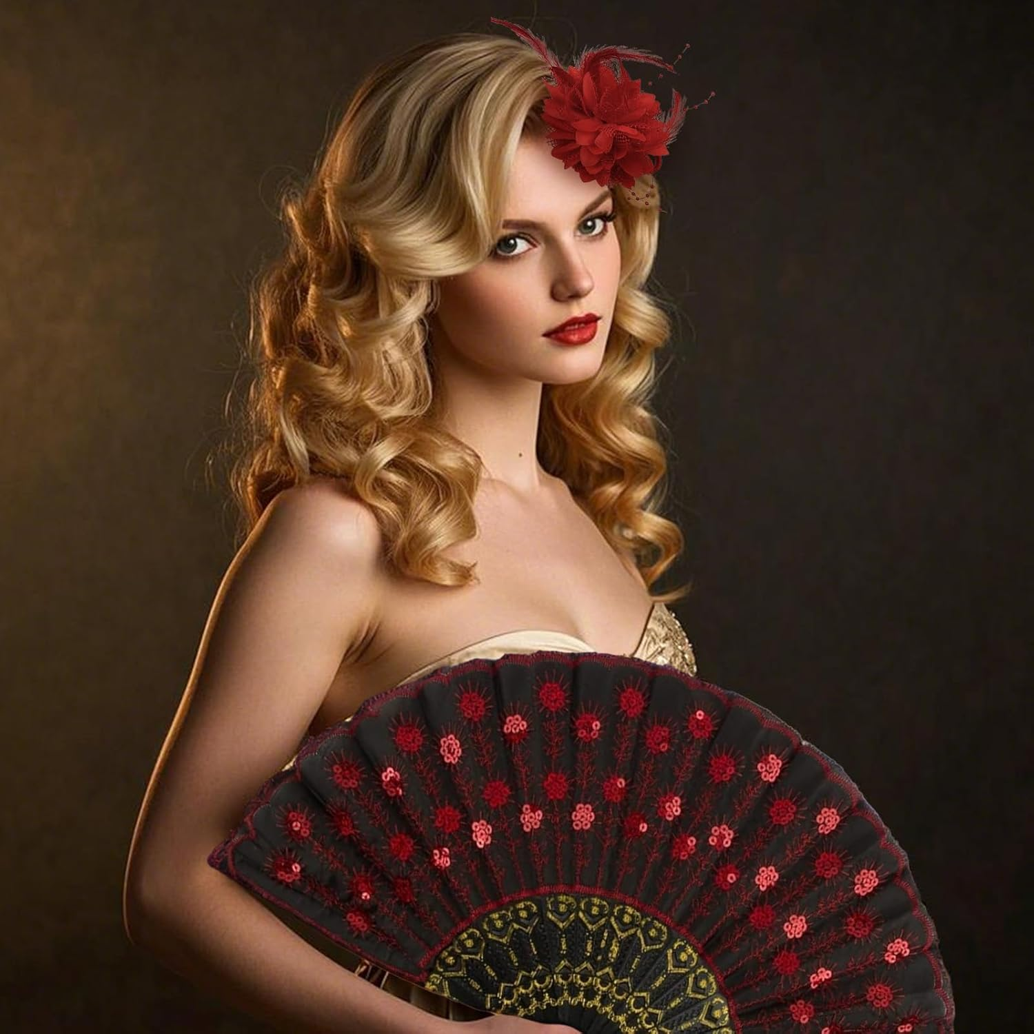 Axvxby B0DLNRM26R Axvxby 3 Piece Chinese Style Large Red Faux Flower Peony Hair Clip + Red Feather Headpiece + Folding Fan with Flowers for Women Hair image number 3