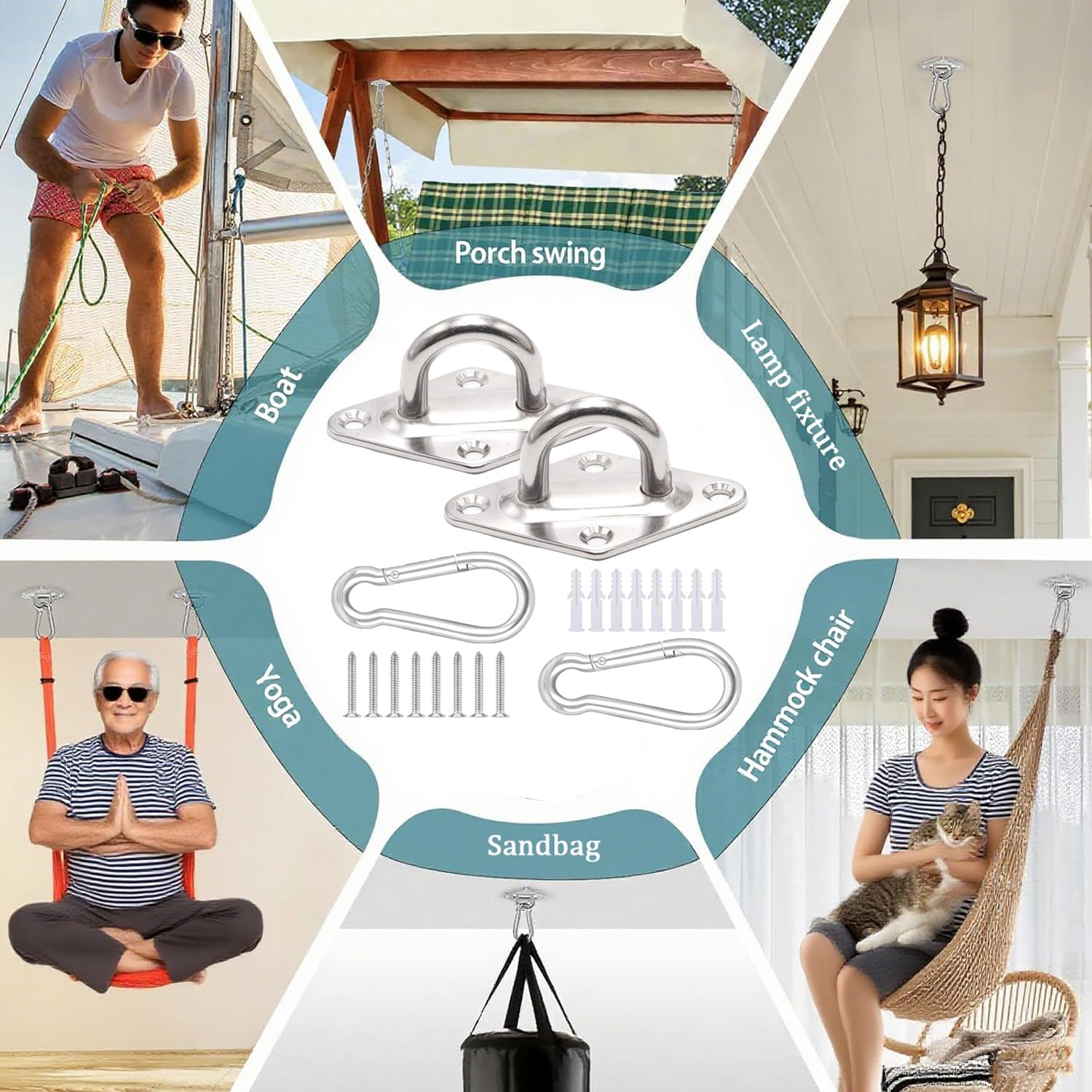 Xinghonyac 2 Pack Heavy Duty Hammock Hanging Kit, Stainless Steel 360&deg; Rotation Rustproof Hammock Hooks for Stand, Wall, Ceiling, Tree Swing, Hammock Chair, Indoor Outdoor Use image number 4