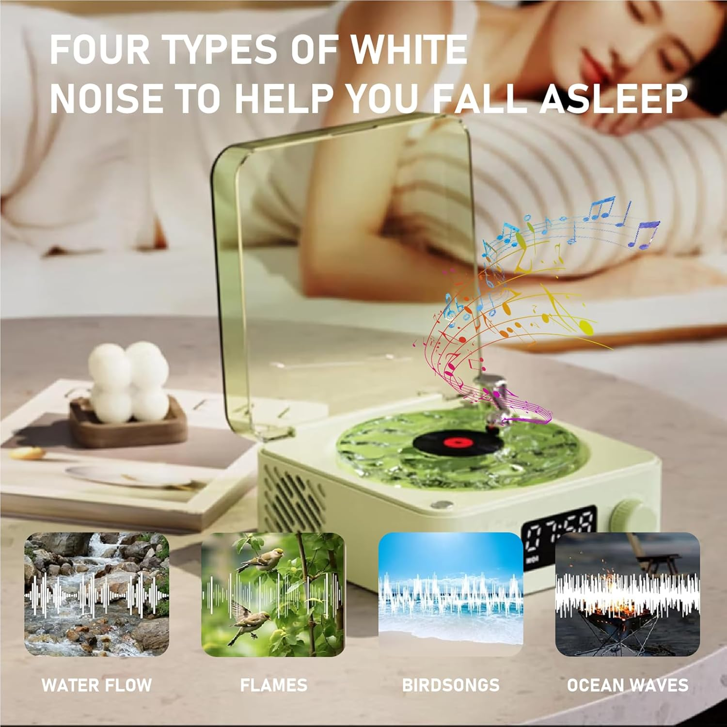 Jiawu the Waves Player, Waves Bluetooth Speaker, Creative Vintage Record Player Style Speaker with Adjustable Ambient Light for Bedroom, Ocean Sound White Noise Wave Speaker (Green) - Roseate image number 4