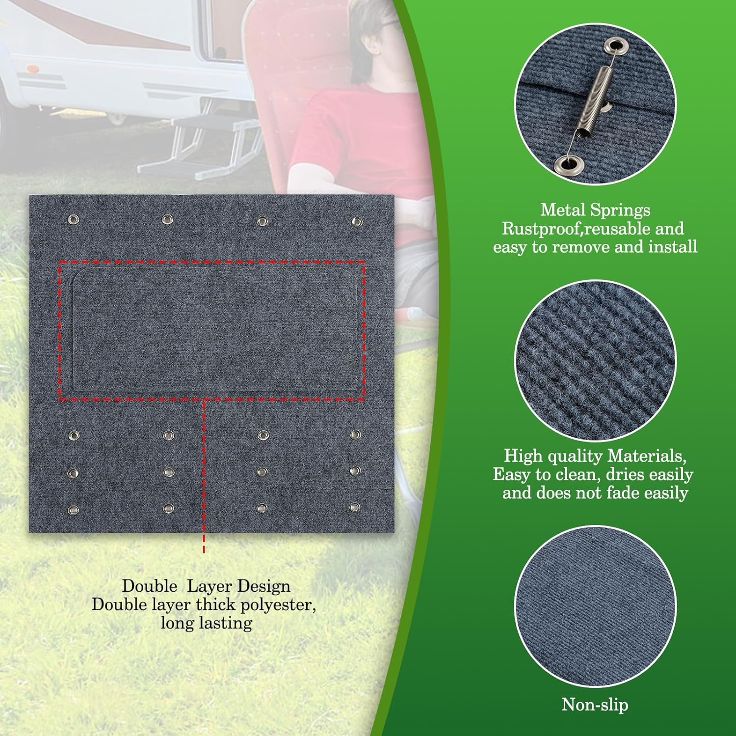 HOMEE RV Step Covers 3 Packs, Camper Step Covers 23 Inch Wide RV Step Rugs, Non-Slip Outdoor RV Stair Cover with Install Hook Fit 8" to 11" RV Stair Treads image number 2