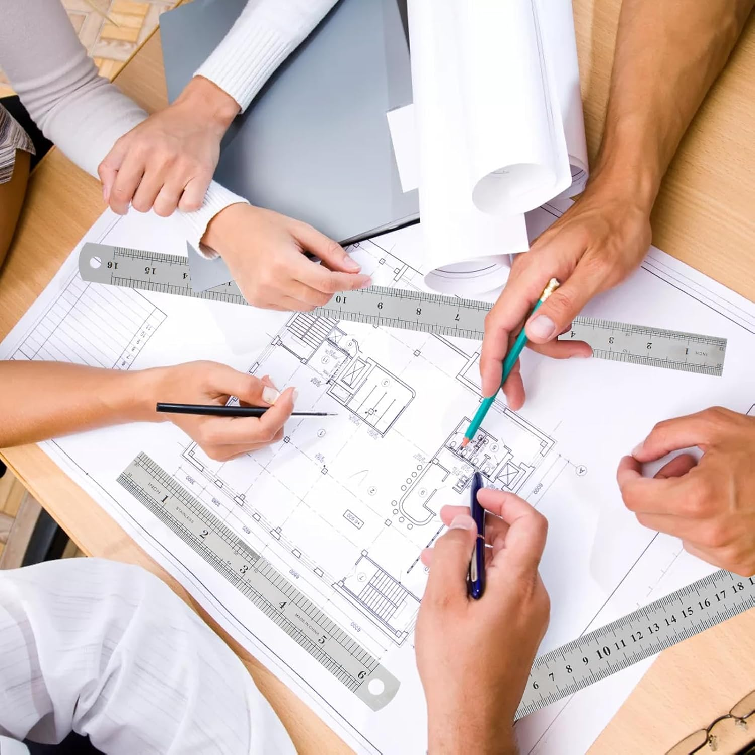 Stainless Steel Ruler, Metal Ruler Set of 4 15Cm 20Cm 30Cm 40Cm with Double Scale Edge, Measuring Tool Metal Steel Ruler, for Home School Office Daily Use, with Inch and Metric Graduation image number 3