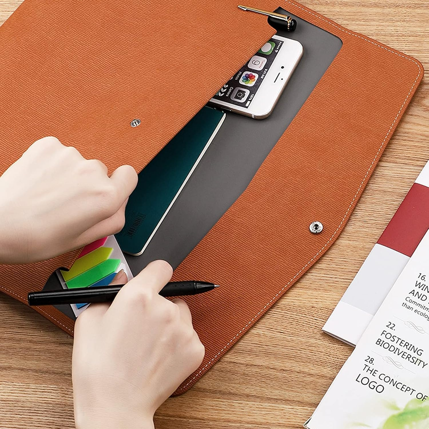 VANRA 1 Piece PU Leather Envelope File Folders A4 Paper Document Filing Envelope Document Organizer Leather Portfolio Folder Holder with Magnetic Closure (Brown) - Brown image number 5