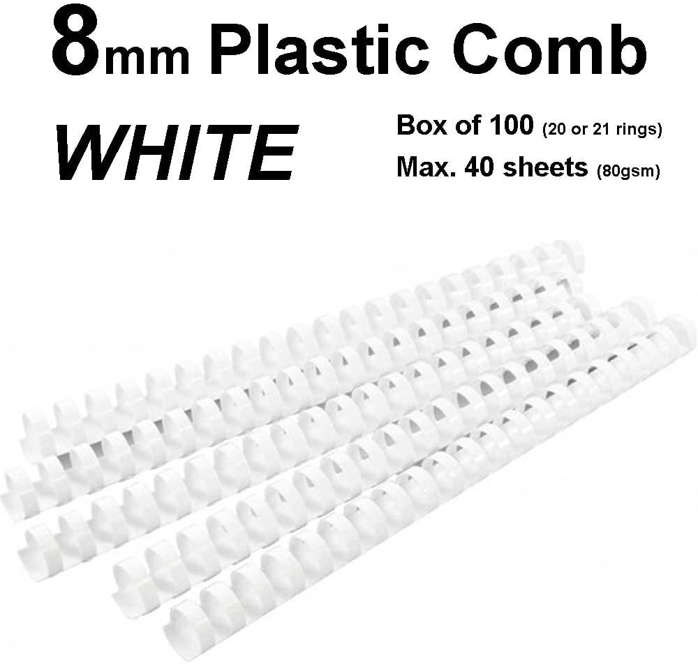 8Mm Plastic Binding Combs - White, 20 or 21 Rings, Pack of 100