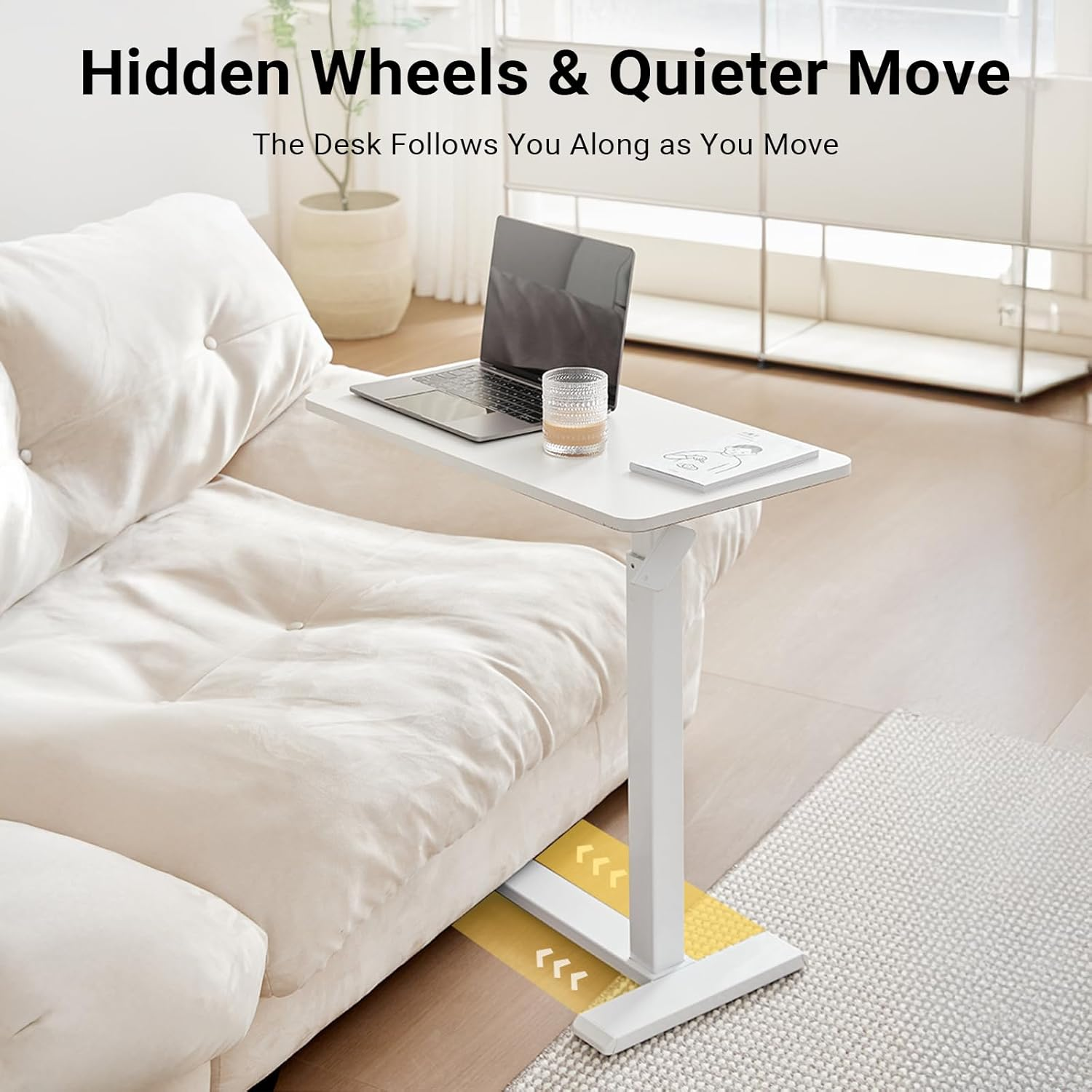 Xmart Adjustable Overbed Table with Wheels, Pneumatic Height Adjustable Mobile Desk, Bed Bedside Table for Laptop, Home, Office, Medical Use - White (36&times;68Cm) image number 3