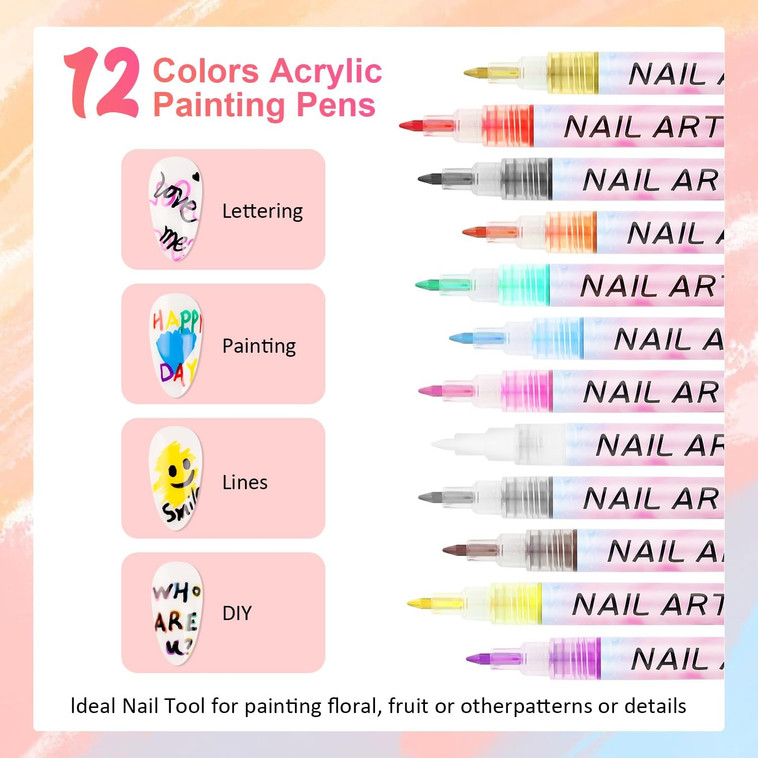 LEDSUUEI Nail Polish Pen Set, 12 Colours, Nail Art Graffiti Pen, Nail Drawing Pen, Waterproof 3D Nail Art Pen, Nail Polish Pens, Nail Dotting Tools, Acrylic Paint Pens, Drawing and Painting Point