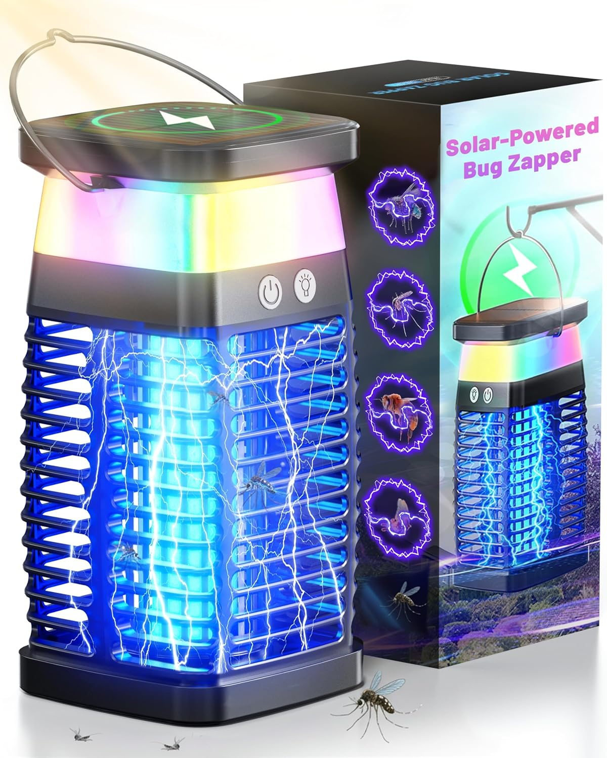 Mosiller Solar Bug Zapper Outdoor - Electric Fly Killer Mosquito Zapper Waterproof, Portable Trap Lamp Brightness Outdoor & Indoor Insect Killer with Panel Sensor for Home, Patio, Backyard, Camping image number 6