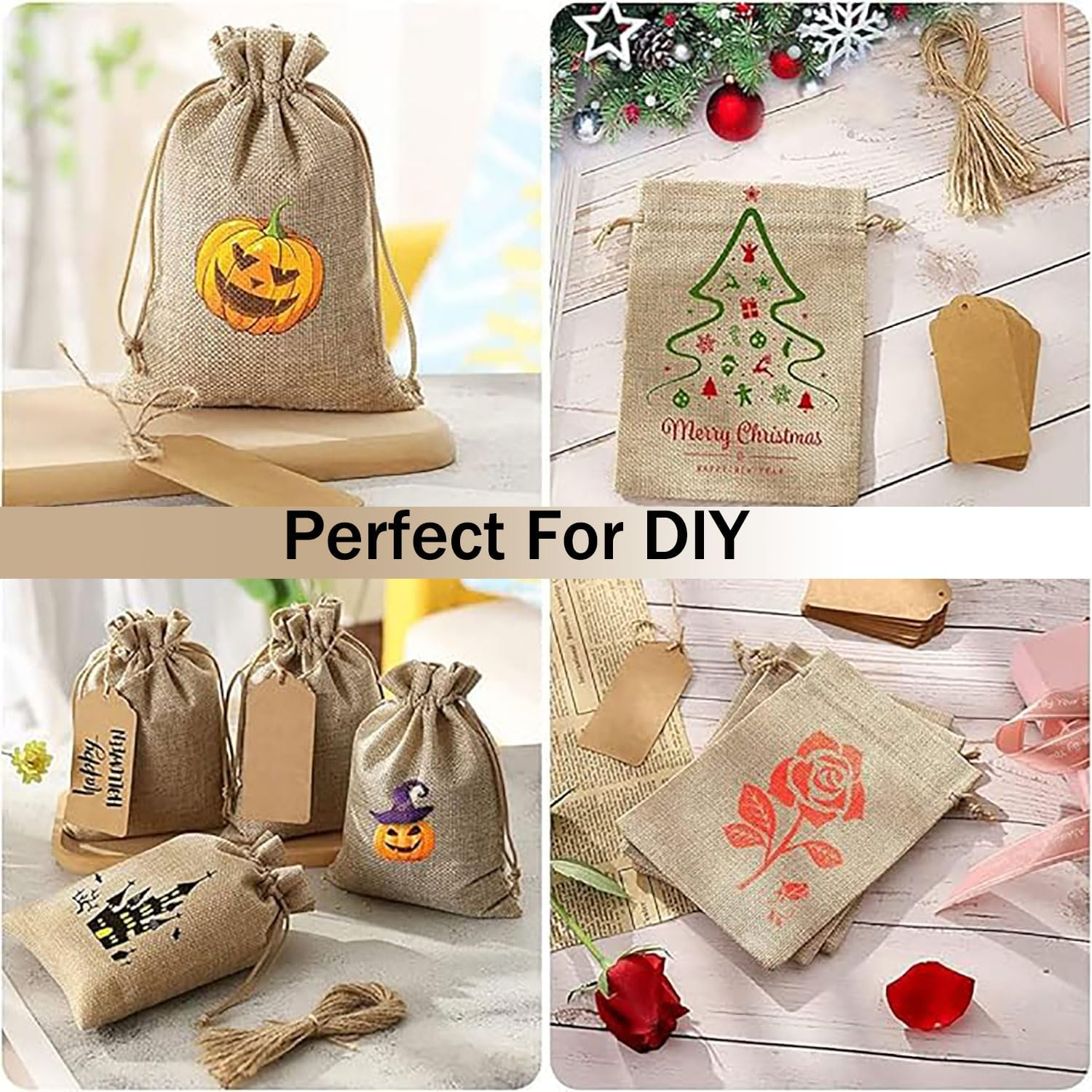 Yqkangzhu 50PCS Burlap Gift Bags with Drawstring, 5"X7"Reusable Hessian Linen Sacks Bag, Favor Sacks with Gift Tags & String, Jewelry Pouches for Birthday Party Present Wedding Art DIY Craft Christmas