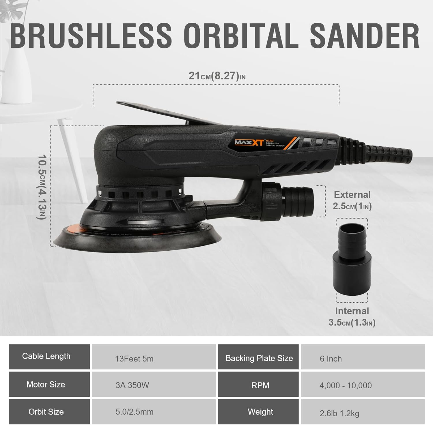 MAXXT Random Orbital Sander 5MM Orbital Sanding Electric 220V Brushless Orbital Sanding Machine with 10 Sanding Paper for Woodworking image number 2