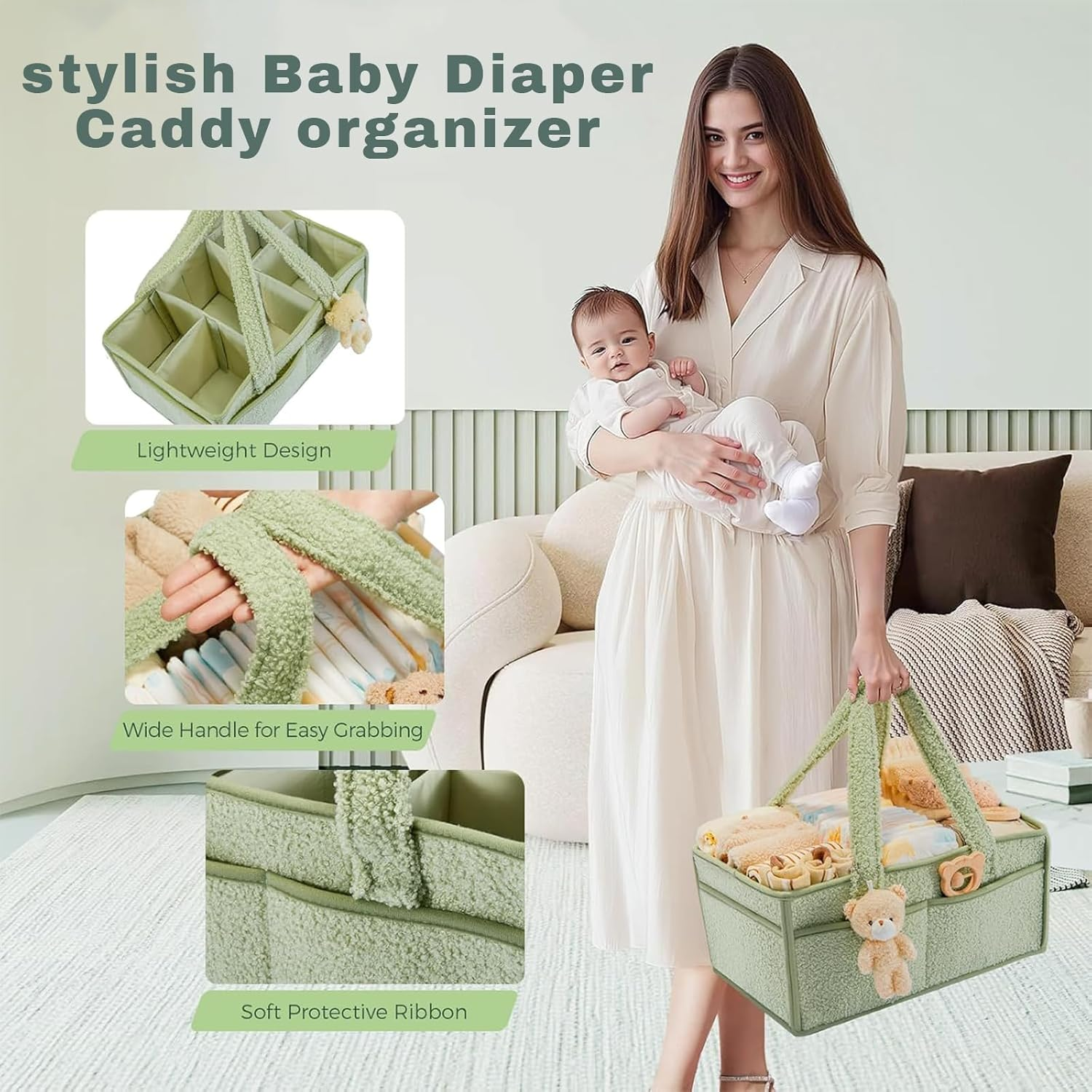 Baby Nappy Caddy Diaper Caddy Organizer， Baby Storage Basket for Diapers and Wipes，Portable Holder Tote Holder Tote Bag ， Car Nursery Organizer Diaper Bag Gift Accessories， Bring a Bear (Green) - Off-White image number 3