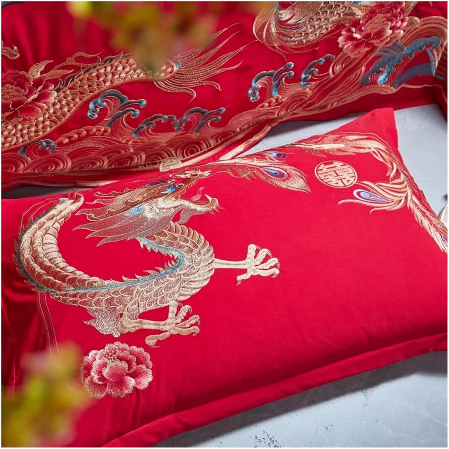 Chinese Wedding Luxury Bedding Set Gold Tassels Loong Phoenix Embroidery Red Duvet Cover Bed Sheet Pillowcases Home Textile,Bedding(Phoenix Dancing,Queen Size 8Pcs) image number 4