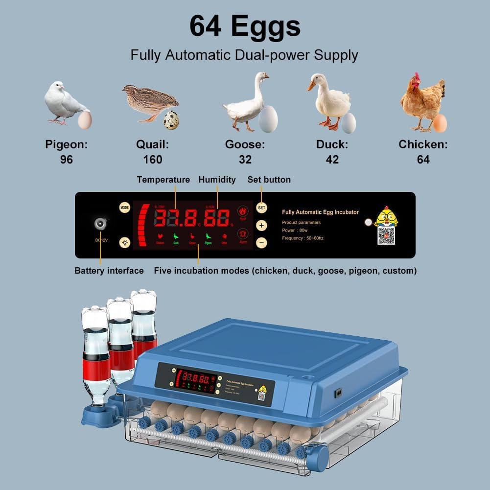 CHAOFLIGHT Eggs Incubator,64 Poultry Egg Hatchery Brooder Automatic Egg Turner with Temperature Control & Digital Touch Screen for Hatching Parrot,Birds,Chickens,Ducks,Quails (64 Eggs) - 128 Eggs image number 4