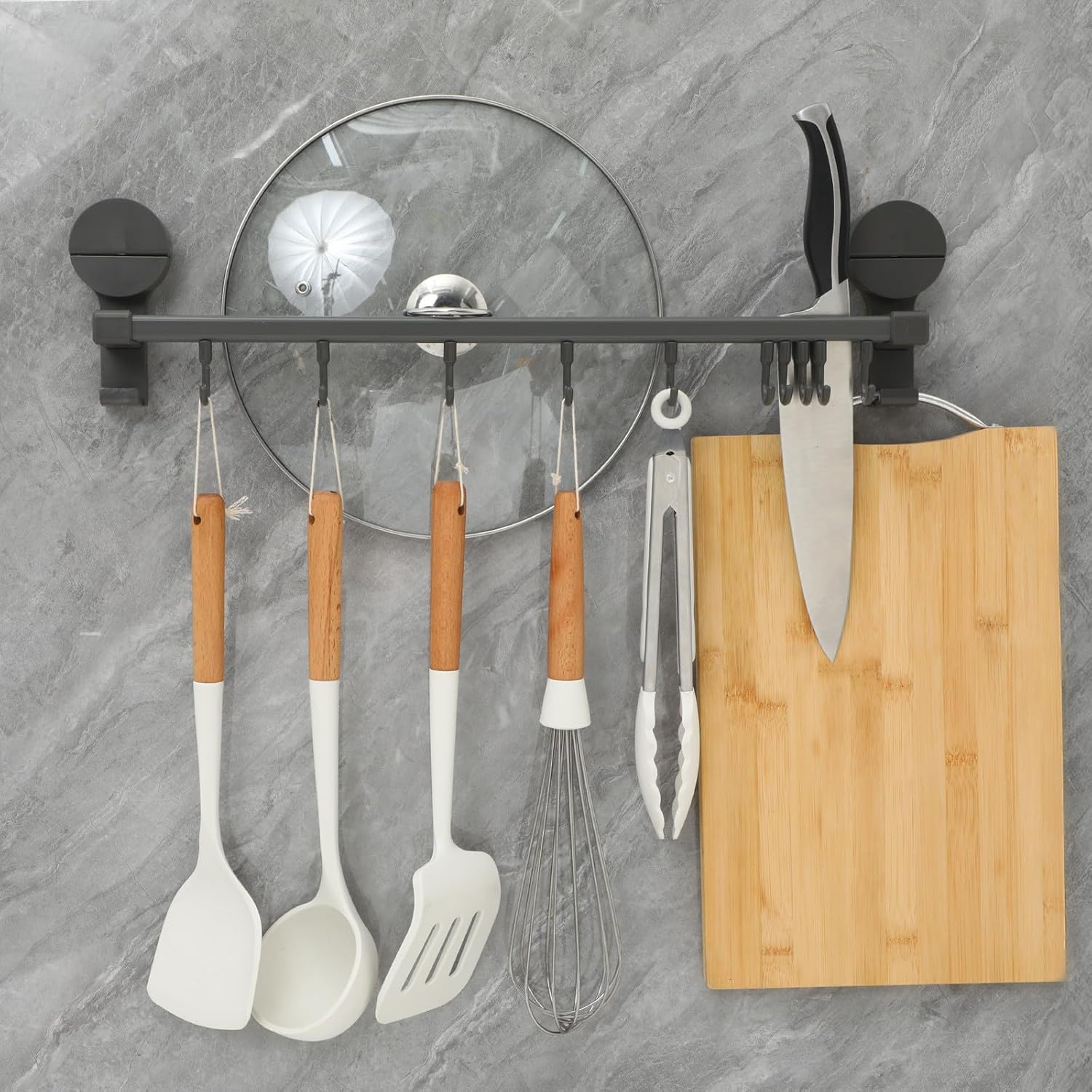 Suction Cup Kitchen Utensil Rack with Hooks No-Drill Wall Mounted Sliding Rail Organizer for Kitchen Bathroom Bedroom and Hanging Holder for Tools and Towels image number 5