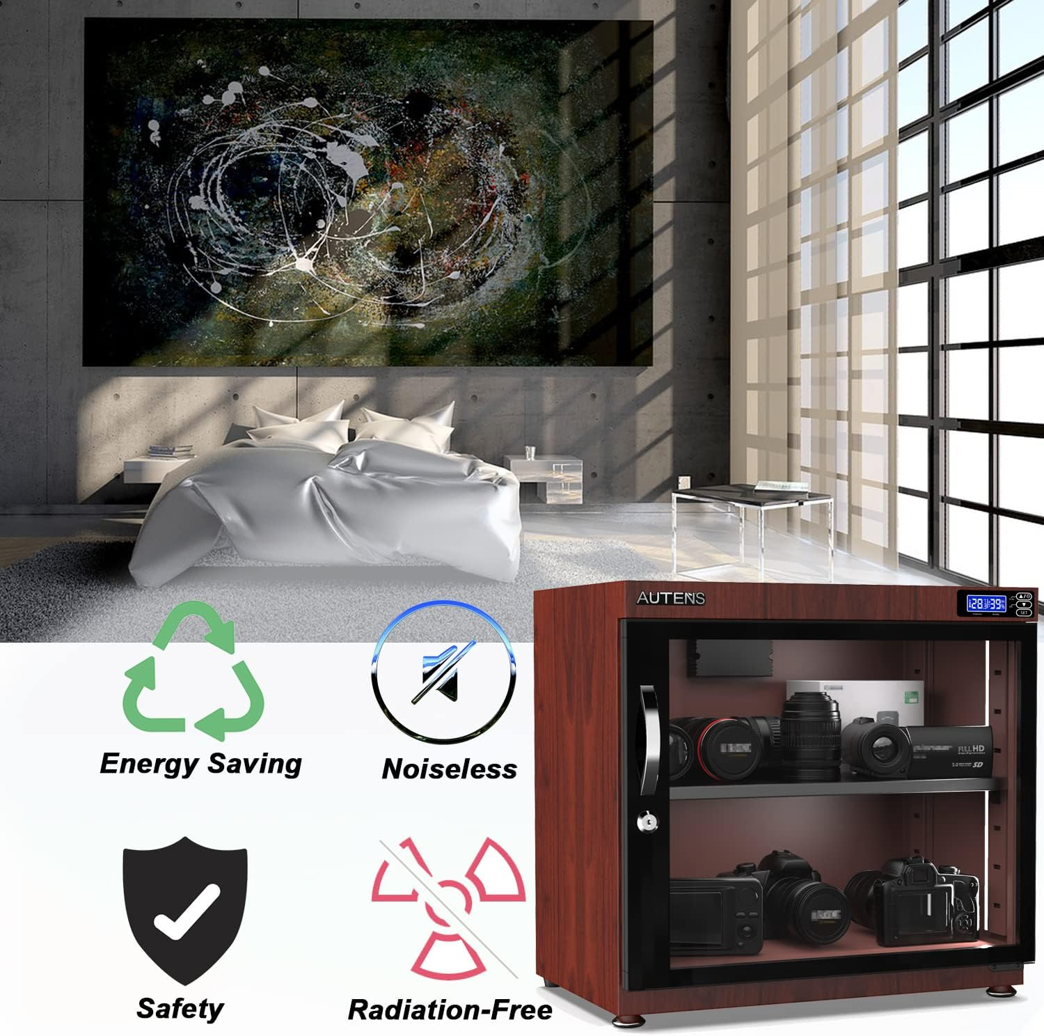 AUTENS 80L Dehumidifying Dry Cabinet Box, Wood Grain Design Digital Control Noiseless and Energy Saving, for Camera Lens and Electronic Equipment Storage,Temperature Humidity LED Dual Screen image number 5