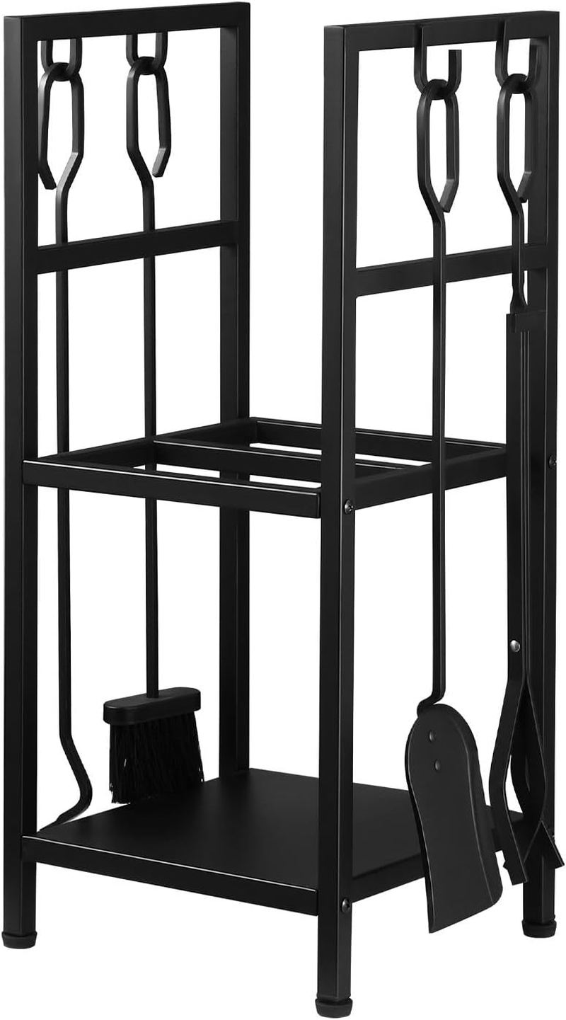 5In1 Firewood Storage Rack Fire Place Tool Kit Wrought Iron Firewood Log Storage Holder Firepit Tools Set for Fireplace, Fire Pit, Stove W/Hook, Broom, Shovel, Tongs - Black image number 1