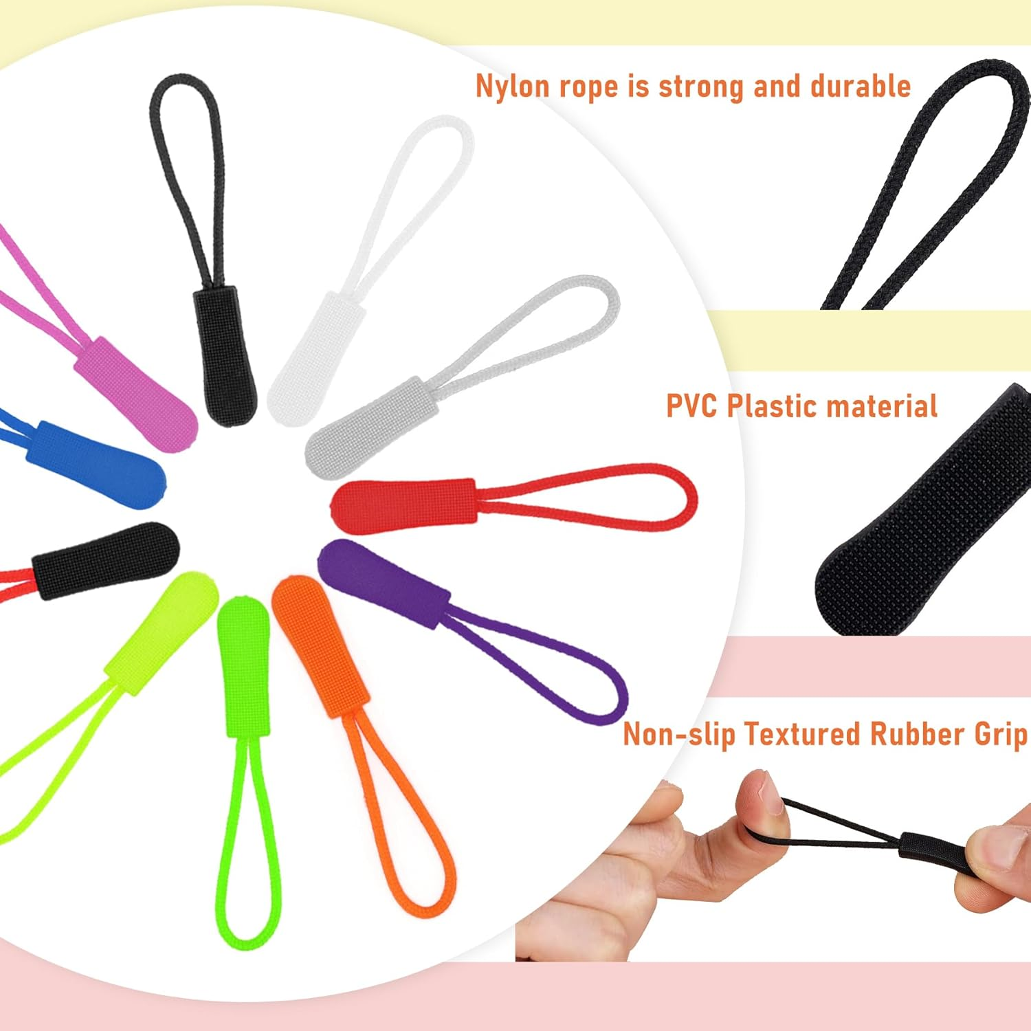 BOROLA 20Pcs Durable PVC Nylon Zipper Extension Pulls Replacement Zipper Pulls for Bags, Jackets, Purses, Backpacks Colorful Zipper Nylon Cord(Black Red) image number 3
