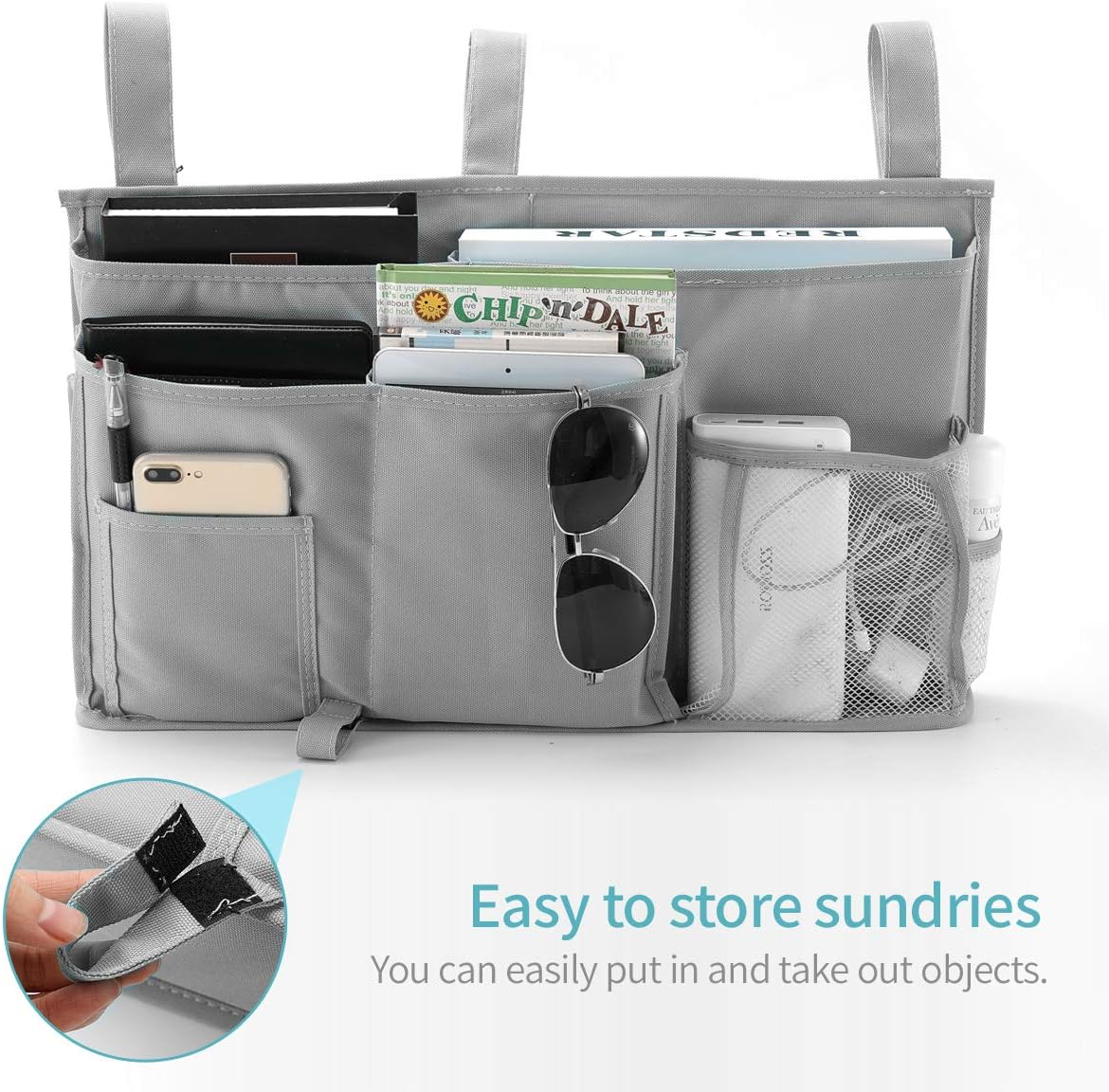 Bseash Caddy Hanging Organizer Bedside Storage Bag for Bunk and Hospital Beds 600D Oxford Cloth Dorm Rooms Bed Rails 8 Pockets (Grey) - Black image number 5