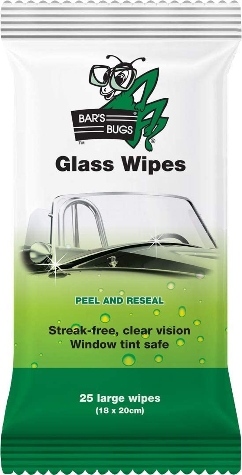 Bar&rsquo;S Bugs Glass Wipes, 25-Pack &ndash; Streak-Free Car Window Cleaning Wipes for Dirt, Grime and Bug Residue