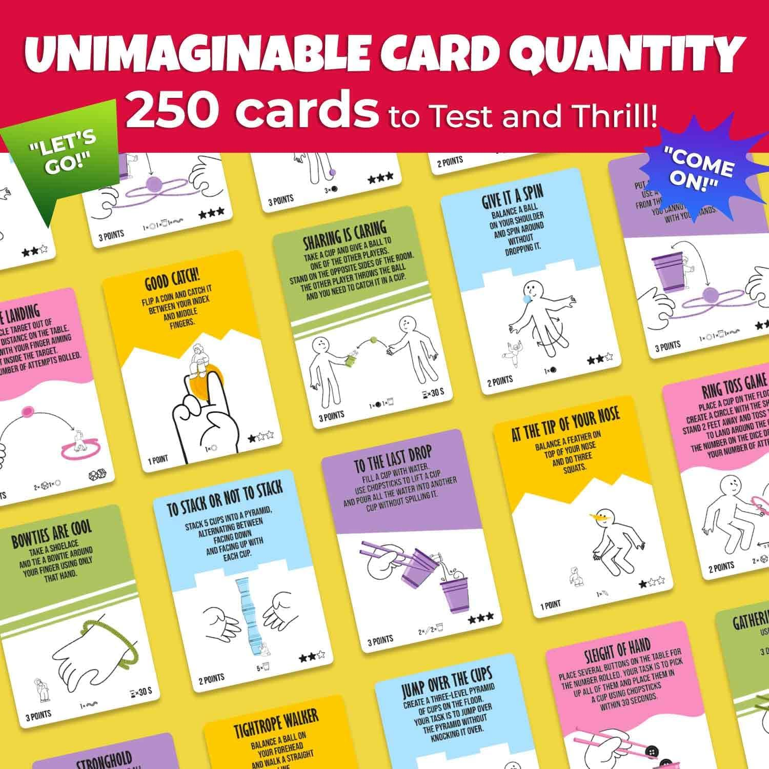 QUOKKA Challenge Game Set - 250 Unique Cards with Fun Tasks - Family Game for Kids Adults - Perfect for Game Nights, Parties, Teambuilding - Includes Reusable Props, Special Dice, Interactive Gameplay image number 4