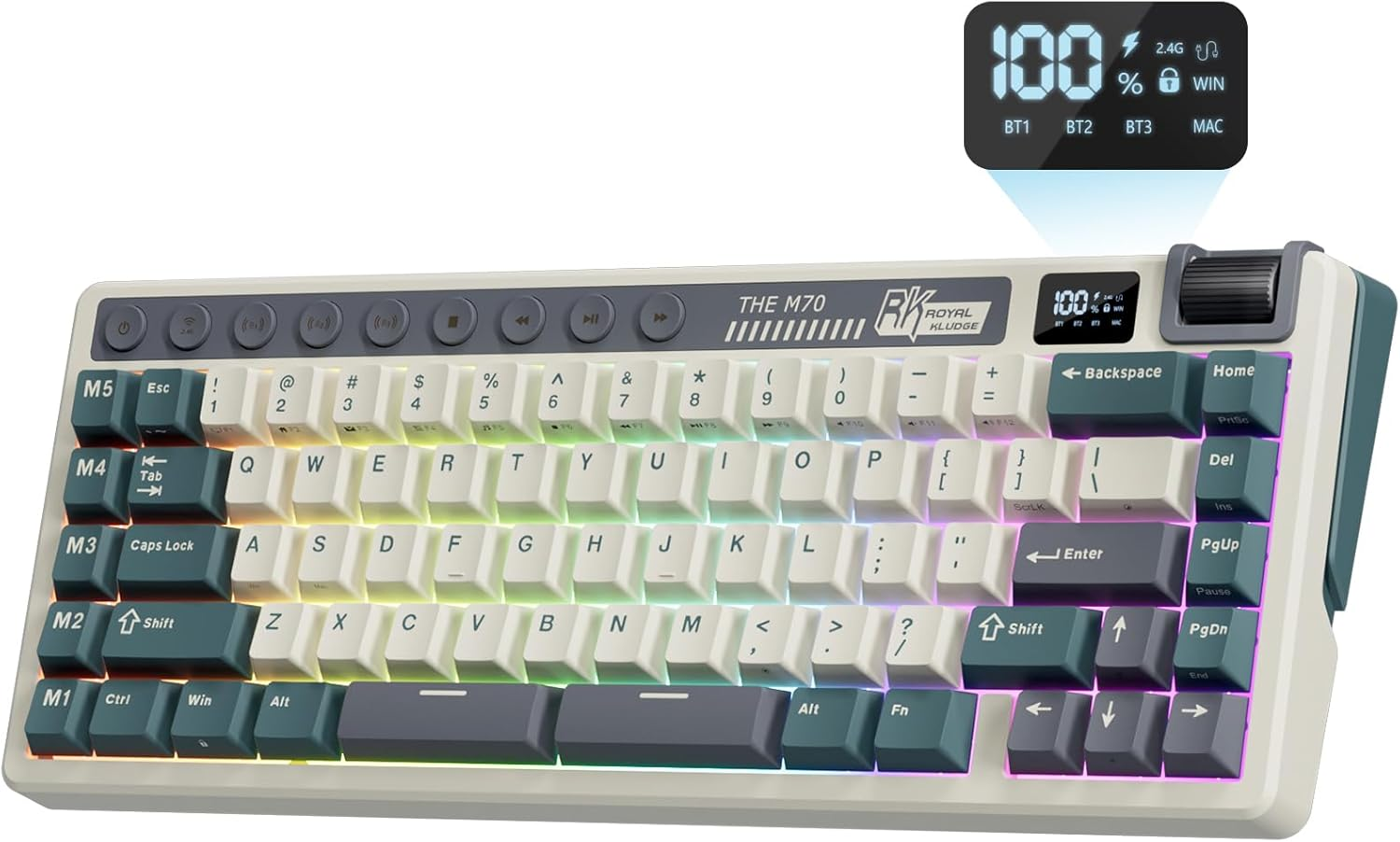 RK ROYAL KLUDGE M70 Mechanical Keyboard 2.4Ghz/Bt5.1/Wired 70 Keys Wireless Gaming Keyboard Gasket Mounted ABS Keycaps Beige Switch Blue image number 1