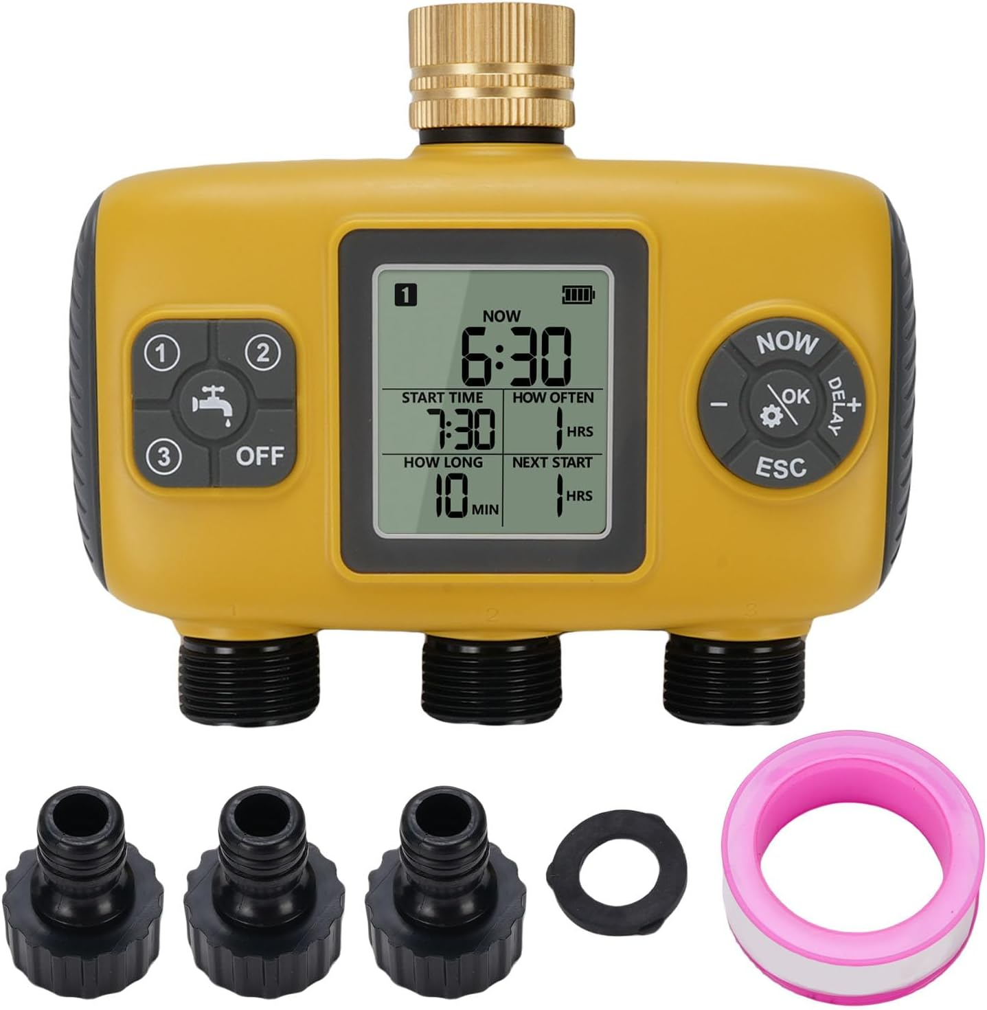 Hyuduo 3 Outlet Sprinkler Timer, Irrigation Timer with Brass Inlet, Programmable Hose Timer, Rain Delay Manual Automatic Watering Controller for Yard Lawn image number 1