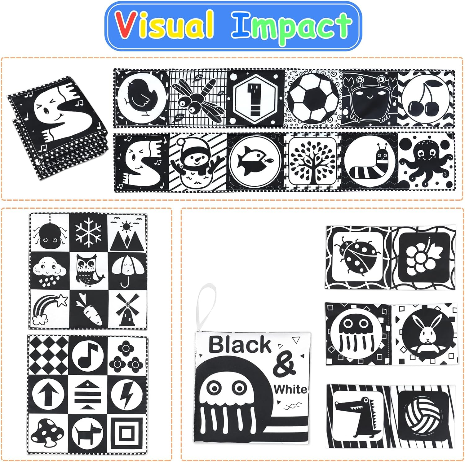 KUANGO Newborn Toys Black and White Baby Toys 0-3 Months High Contrast Baby Toys for Newborn - High Contrast Baby Soft Book Infant Tummy Time Toys Crinkle Sensory Toys for Brain Development image number 5