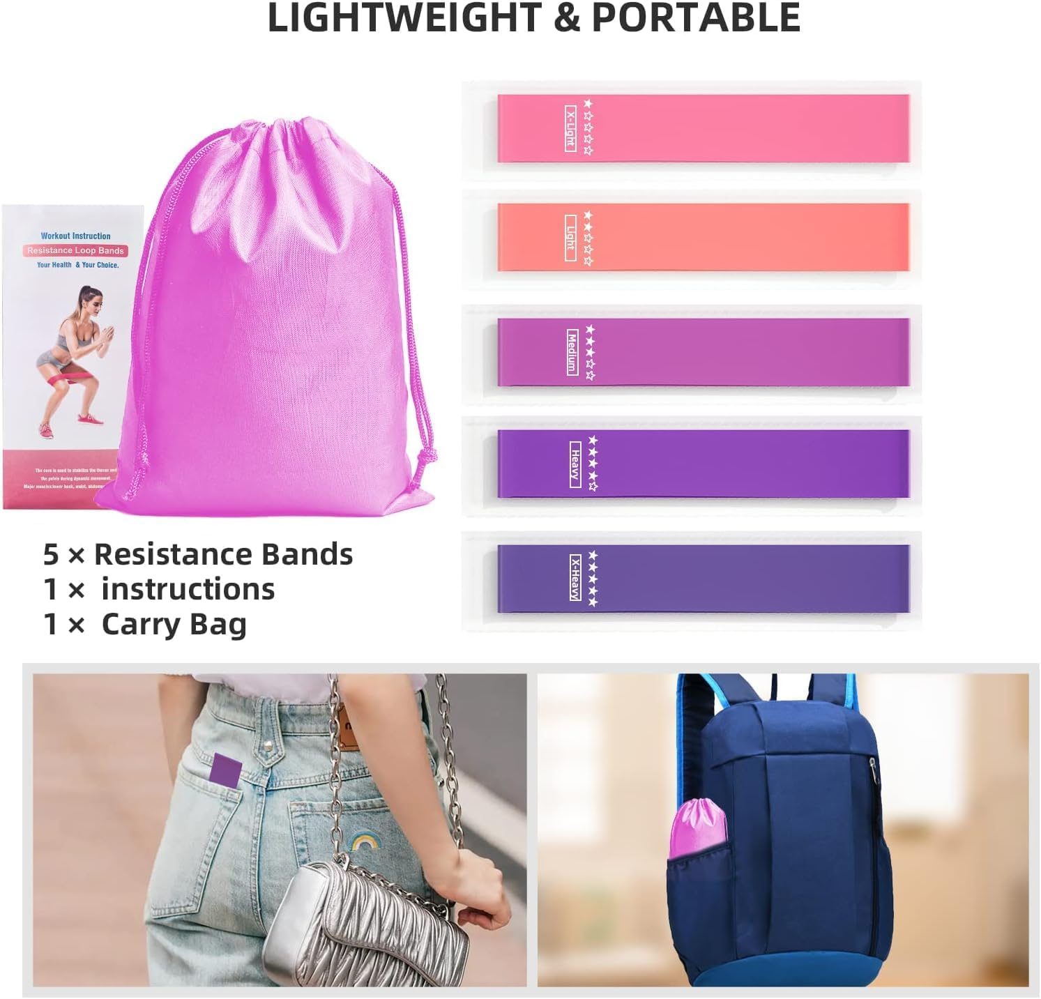 Resistance Bands, Exercise Workout Loop Bands for Legs Arms, 5 Set of Different Resistance Levels Elastic Bands for Women and Men for Yoga, Gym, Training - Black Grey Gradient image number 6