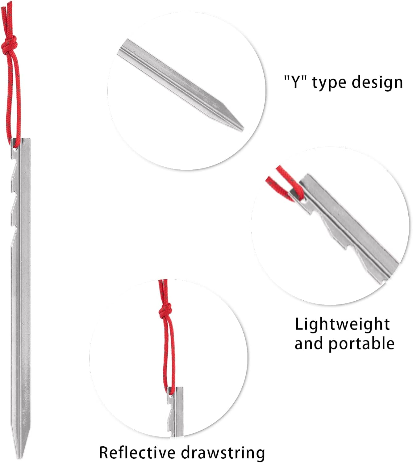 12 Pieces Tent Pegs, Triangular Sawtooth Heavy Duty Tent Pegs Aluminium Alloy Red Camping Tent Stake Nail with Reflective Rope for Camping, Outdoor, Beach, and Hiking, Silver (PGUK043K-18-N) image number 1