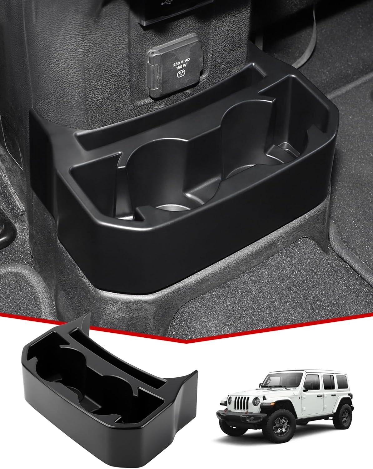 Jecar Backseat Cup Holder Floor Console Mounted Drink Holder Rear Storage Organizer Interior Accessories Compatible with Jeep Wrangler 2018-2023 JL JLU & JT Truck