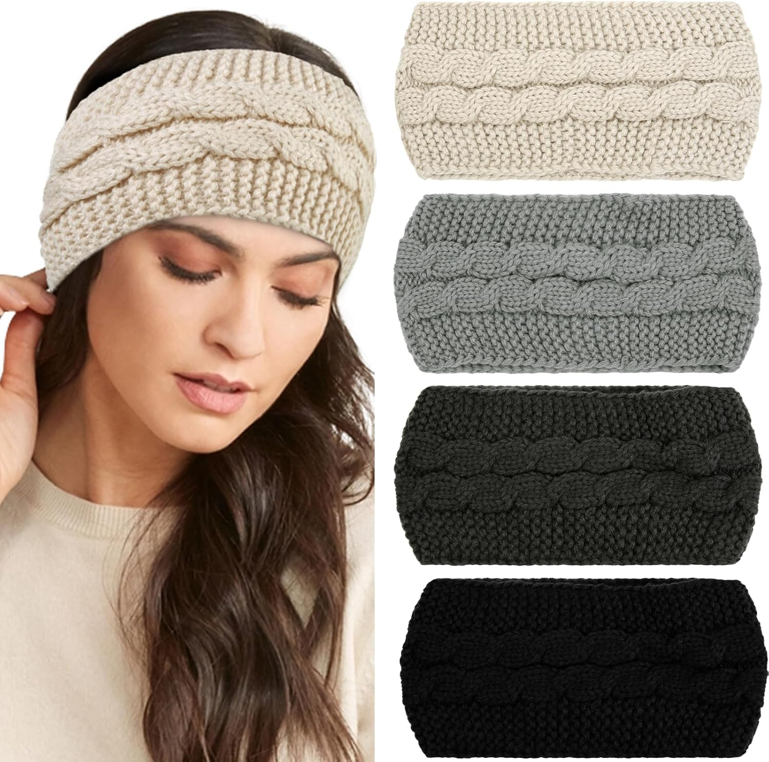 WOVOWOVO Winter Women'S Headband, Knitted Girls Women Headbands, Hair Band, Wide Warm Ear Warmers, Elastic Crochet Hair Bands, Thick Headband, Hair Accessories, Headband, Pack of 4