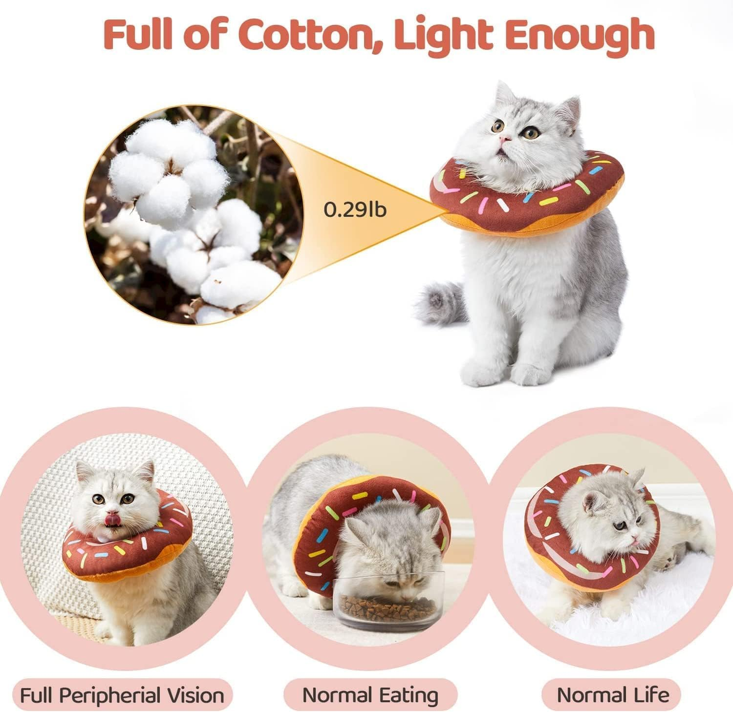 Wabmipe Adjustable Cat Cone Collar, Anti-Bite Lick Wound Healing Safety Elizabethan E-Collar, Comfortable Lightweight Neck Collars after Surgery for Kittens, Cute Cat Recovery Collar (Donut Brown)