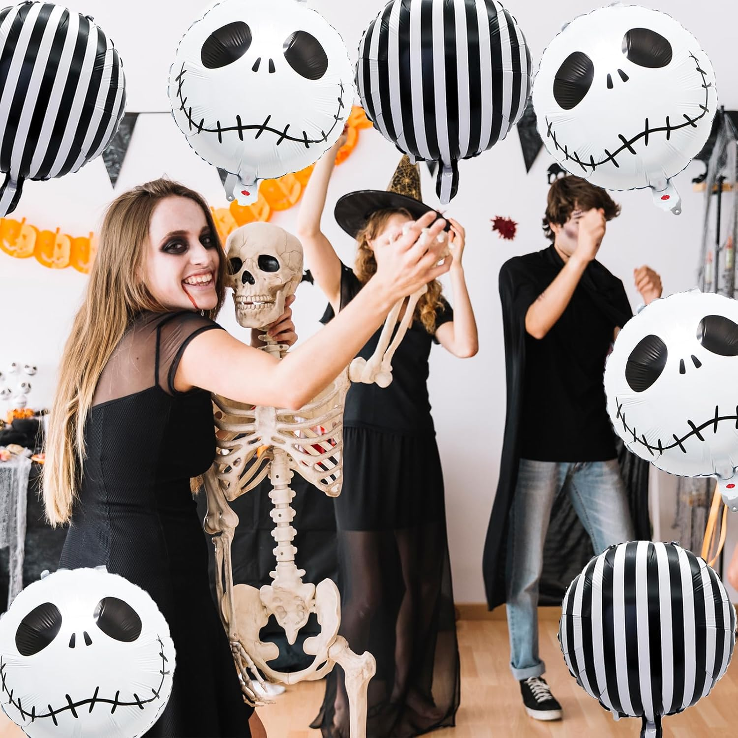10Pcs Halloween Balloons Decorations Happy Halloween Party Foil Mylar Balloons Halloween Skull Balloons Black White Strip Balloons for Halloween Birthday Baby Shower Wedding Party Decor Supplies image number 6