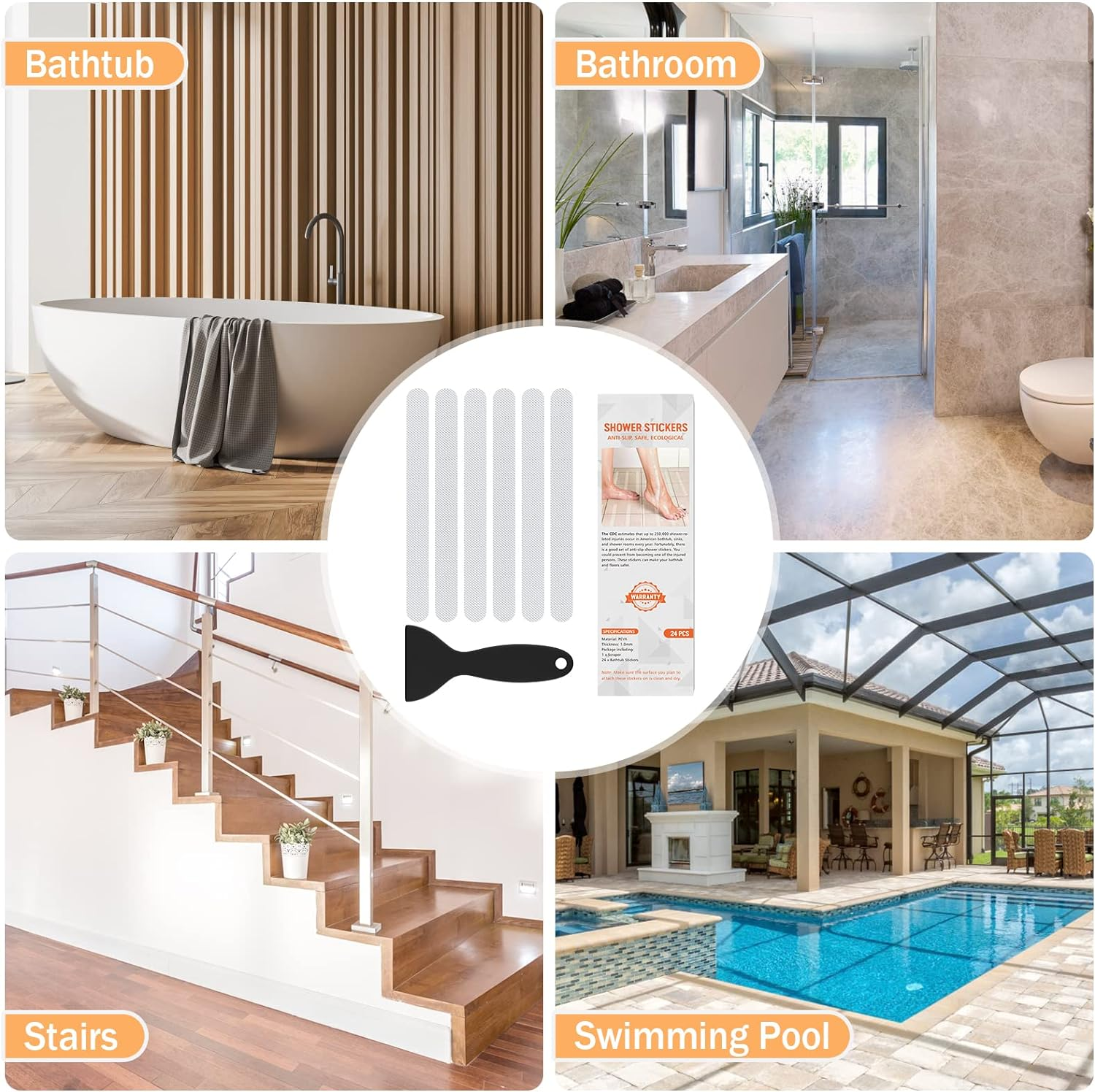 Non Slip Bathtub Stickers, 24 PCS Shower Stickers for Safety Bathroom Tubs, Bathtub Non Slip Stickers and Adhesive Decals Scraper for Bath Tub, Shower Floor, Stairs, Ladders(Clear) - Blue image number 6