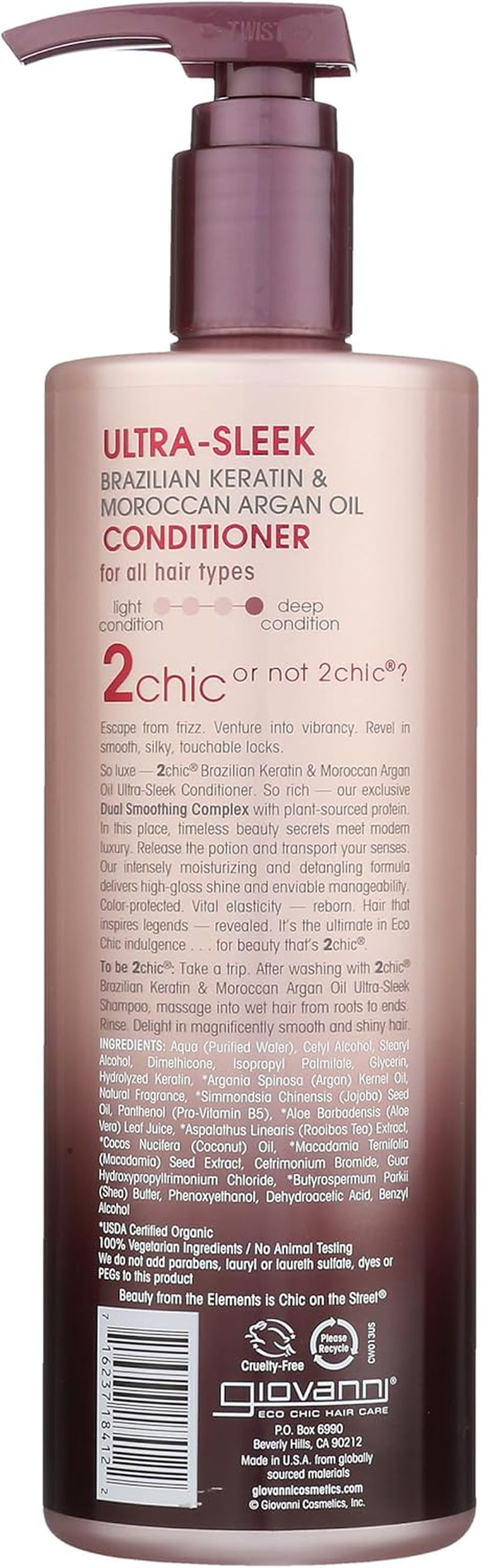 GIOVANNI 2Chic Ultra-Sleek Conditioner - Brazilian Phyto-Keratin & Moroccan Argan Oil, Anti-Frizz Formula, Coconut, Shea Butter, Pro-Vitamin B5, Color Safe, Paraben Free - 24 Oz image number 6
