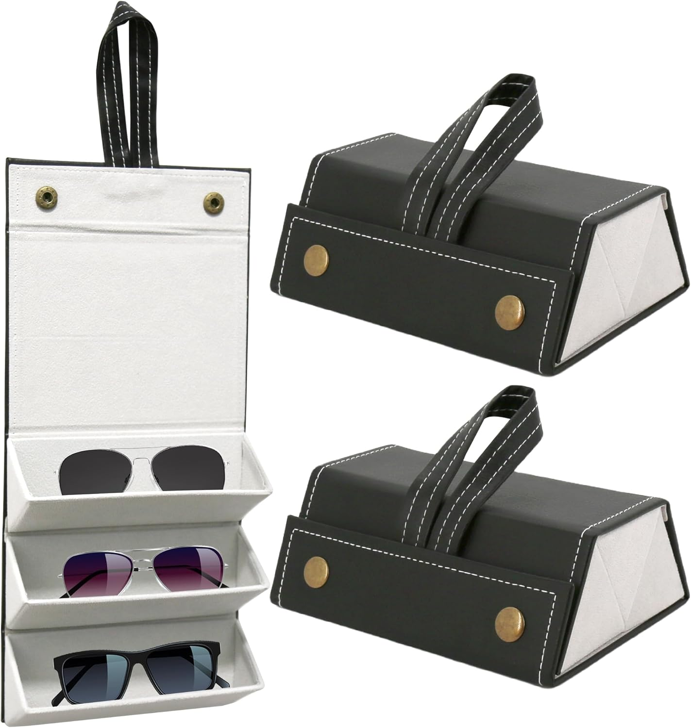 YOKONICO 2Pack Sunglasses Organizer Travel Case Foldable 3 Slots Glasses Organiser Portable Eyeglasses Storage Wall-Mounted Sunglasses Rack Hanging Storage Box Classic Durable for Women and Men