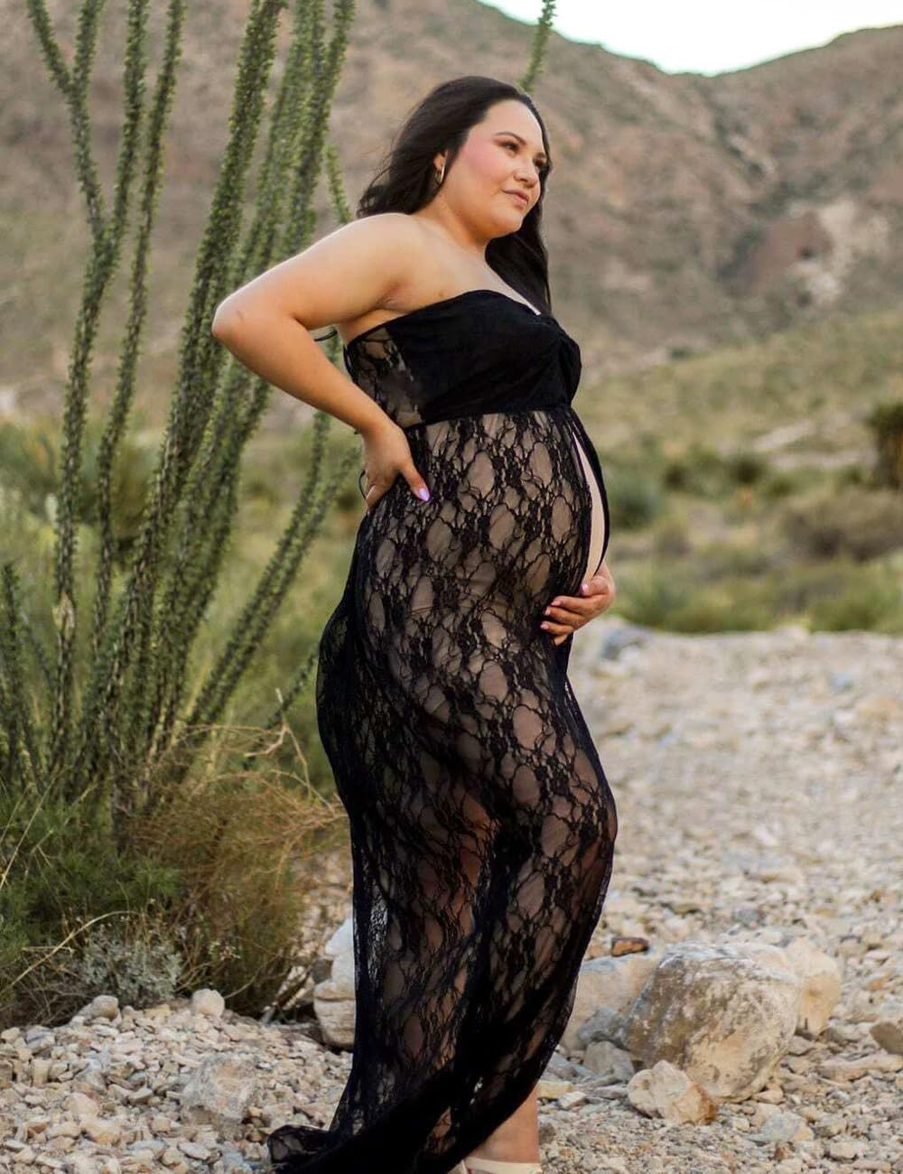 VSNOW Maternity off Shoulder Lace Photography Dress Front Split Sleeveless Maxi Chiffon Gown for Photoshoot image number 4