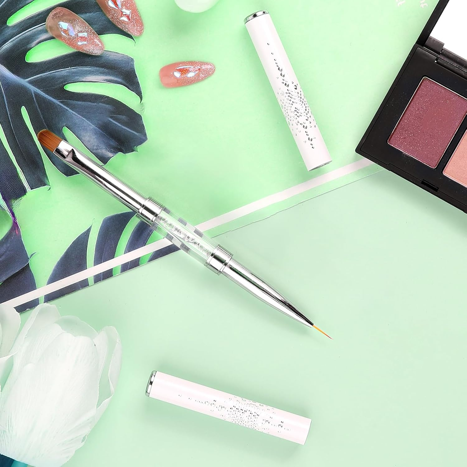 2Pcs Dual-Ended Nail Design Brush Builder Gel Brush Rhinestone Handle UV Gel Nail Brush Thin Nail Brush Set Nail Liner Brush Striping Nail Art Brushes for Nail Art Design - White, Black image number 7