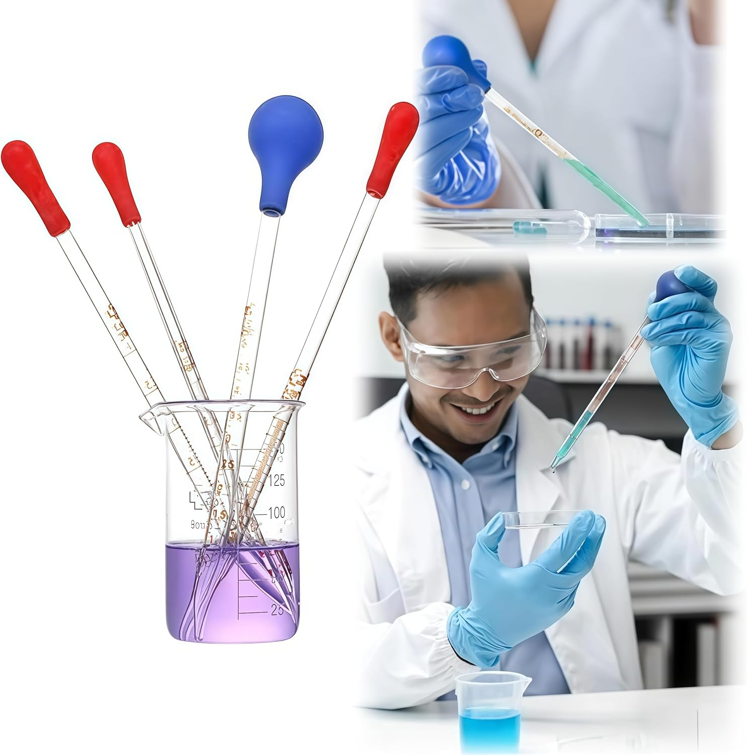 6 Pcs Glass Pipettes Graduated Dropper Kit,0.5Ml /1Ml/ 2Ml/ 3Ml /5Ml /10Ml Thick Glass Dropper Scale Pipette,With 6 Rubber Caps and 2 Pcs Droppers Brush,Used to Transfer Liquids