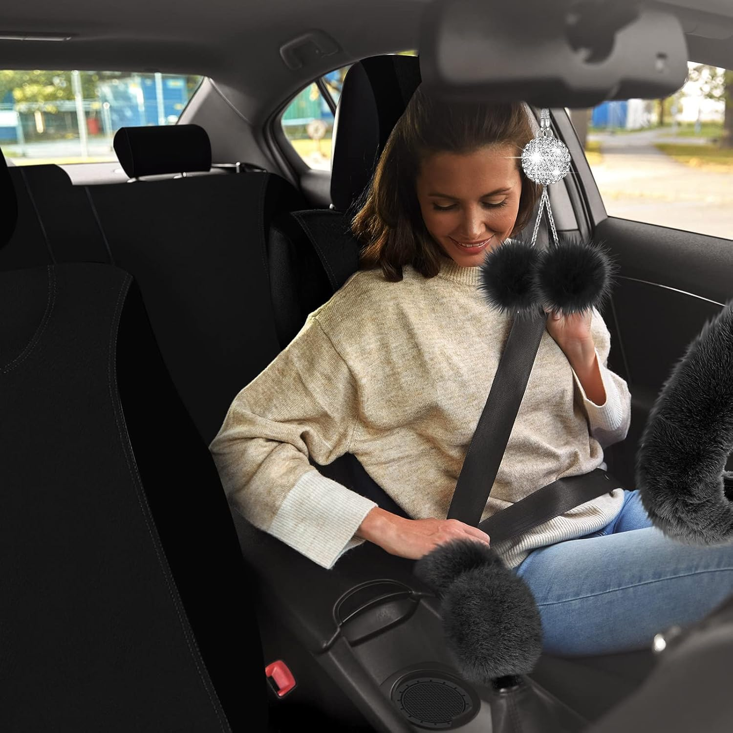 Fulmoon 17 Pcs Car Seat Cover Full Set for Women Universal Fit Front Rear Covers, Fluffy Steering Wheel Fleece Handbrake Shift Cover, Hanging Accessory Holder Ring Emblem Sticker (Black) - Beige Black image number 4