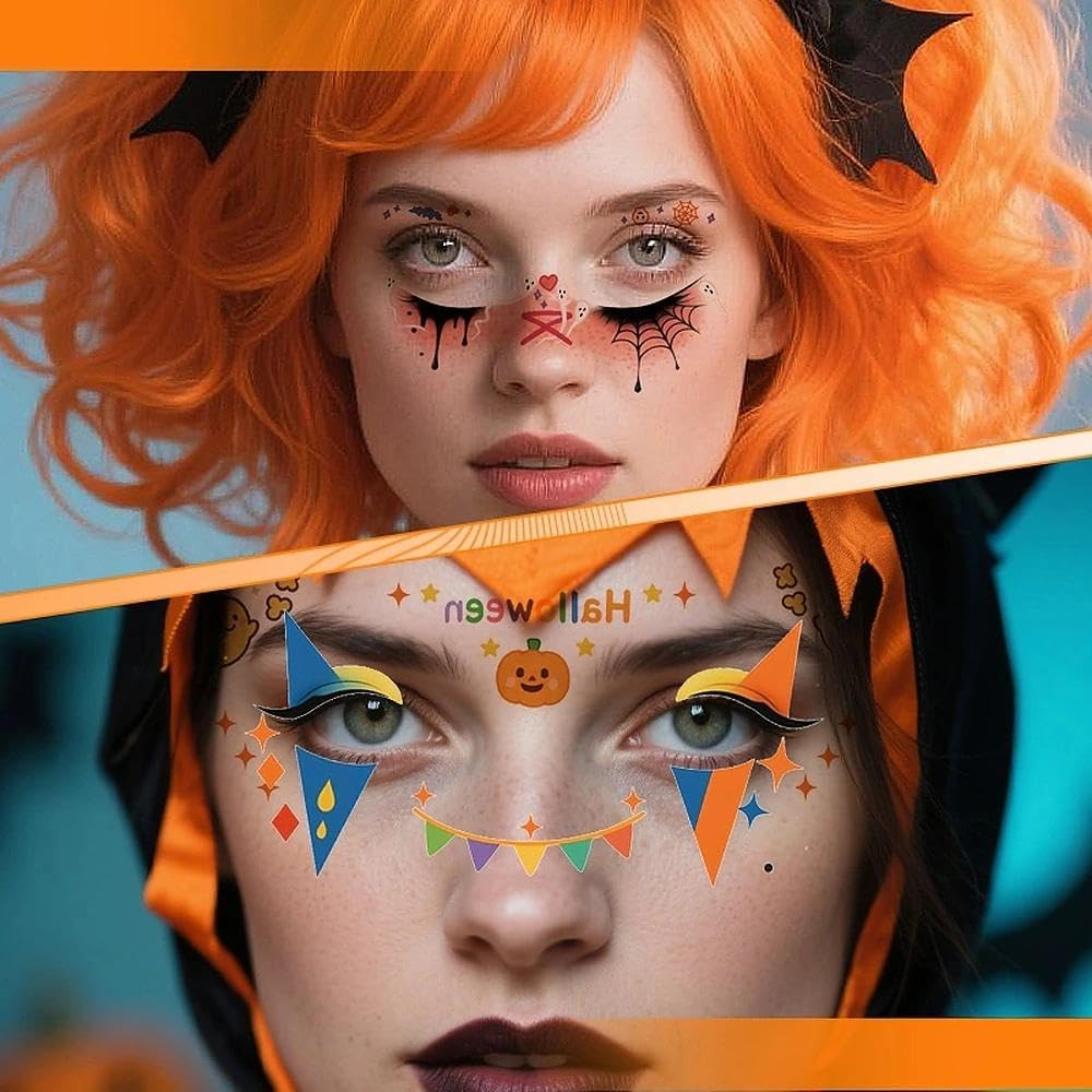 Halloween Face Stickers for Women Girls Cute Bat Skull Spider Pumpkin Temporary Face Tattoos for Day of the Dead Festival Halloween Party Vampire Gothic Masquerade Makeup Decorations 4Pcs - Pumpkin image number 3