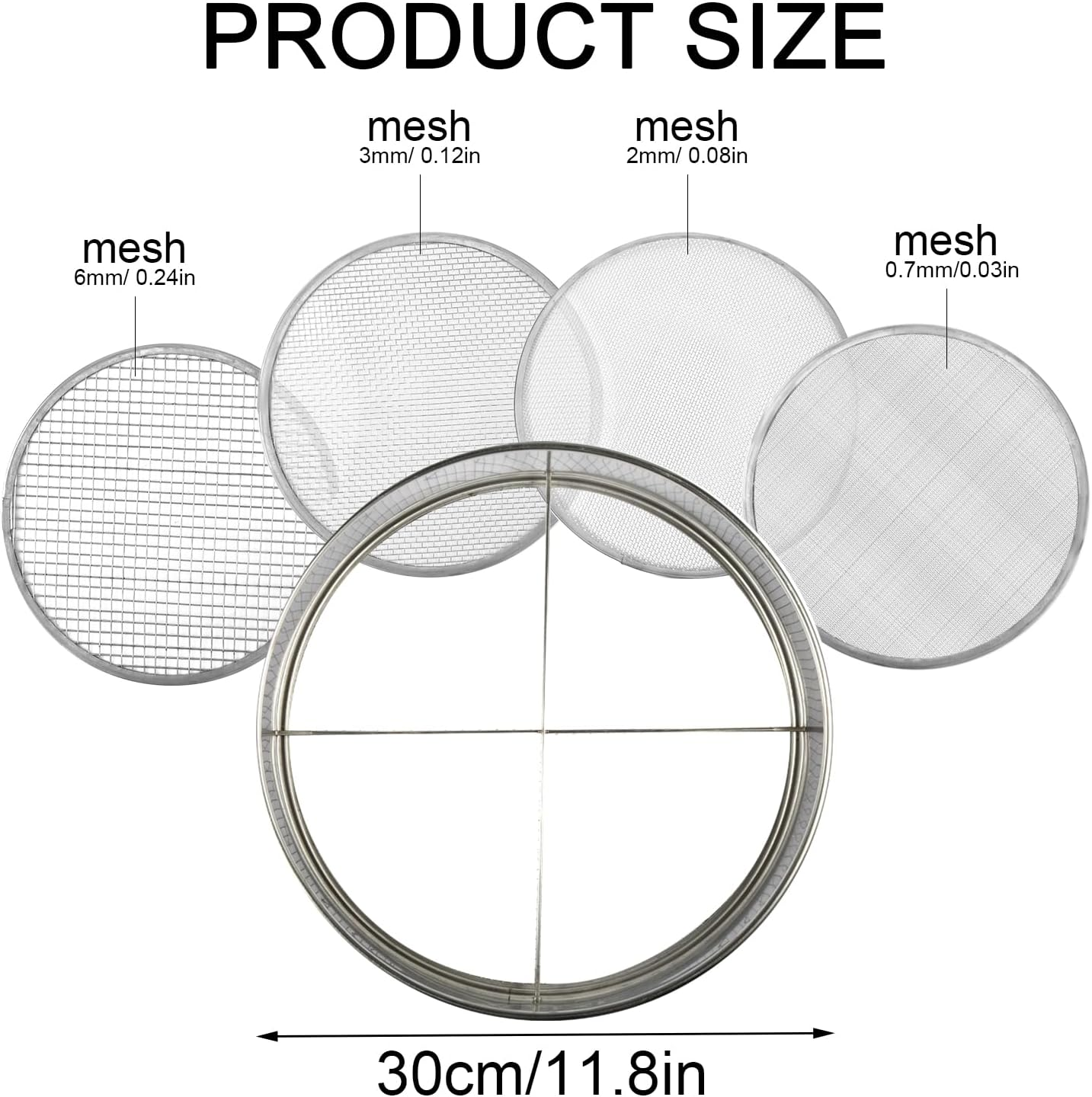 Soil Sifter Garden Sieve Set, 1Pc 30Cm/11.9In Stainless Steel Sifting Pan and 4Pcs 0.7/2/3/6Mm Mesh Sizes Garden Mesh Sieve Garden Soil Sieve Soil Filter Dirt Garden Sieve Soil Sifter image number 6