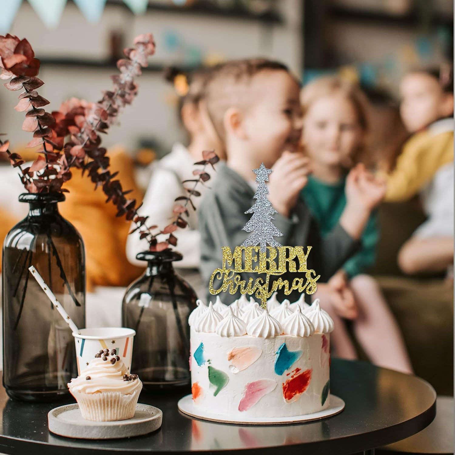 Merry Christmas Cake Topper, Gold Glitter Acrylic Christmas Tree Cake Picks for Christmas Winter Happy New Year Party Supply Decoration image number 6