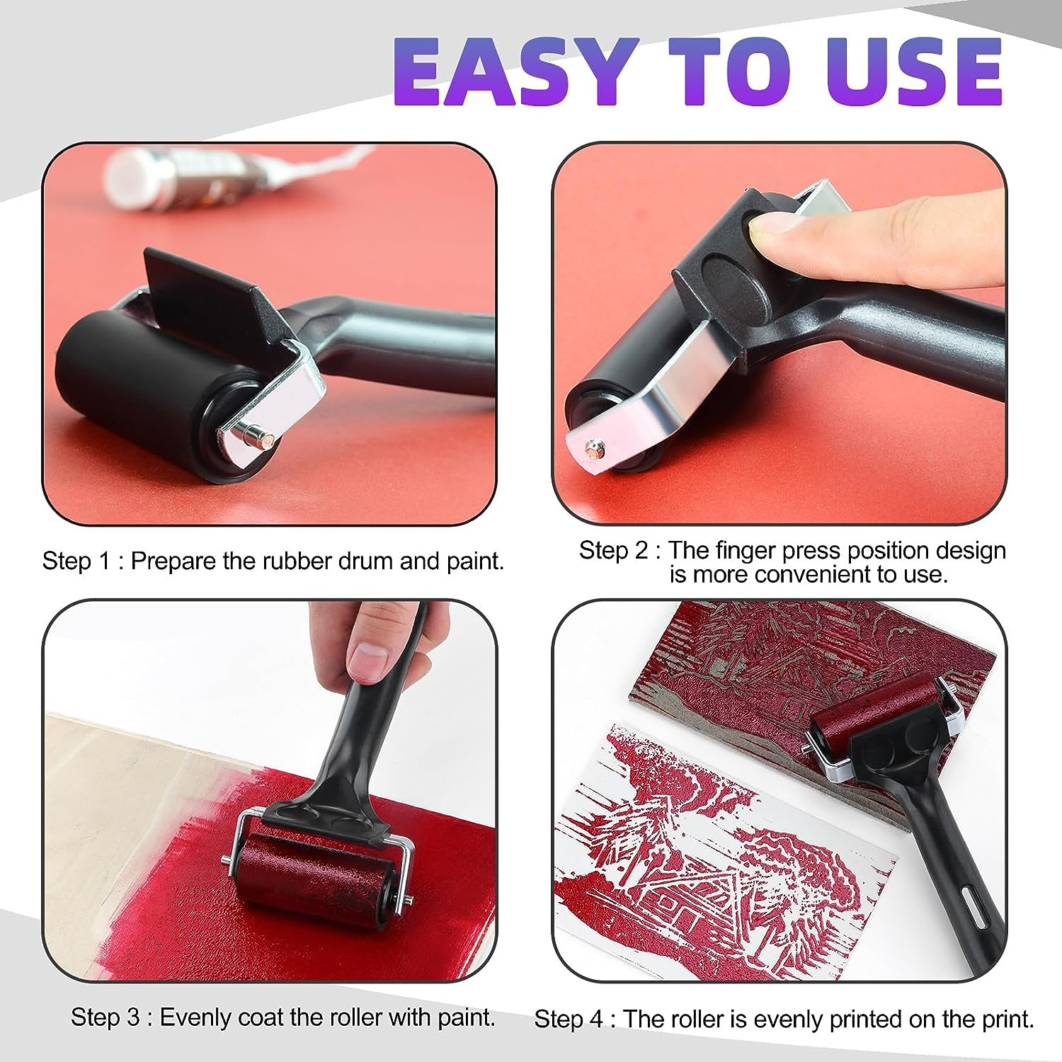 Swpeet 3 Pack Black Rubber Roller, Brayer Roller, Hard Rubber, Block Stamping anti Skid Construction Tools 2.2 Inch, 3.8 Inch and 7.7 Inch for Printmaking, Ink, Crafting, Gluing and Stamping - Pink image number 7