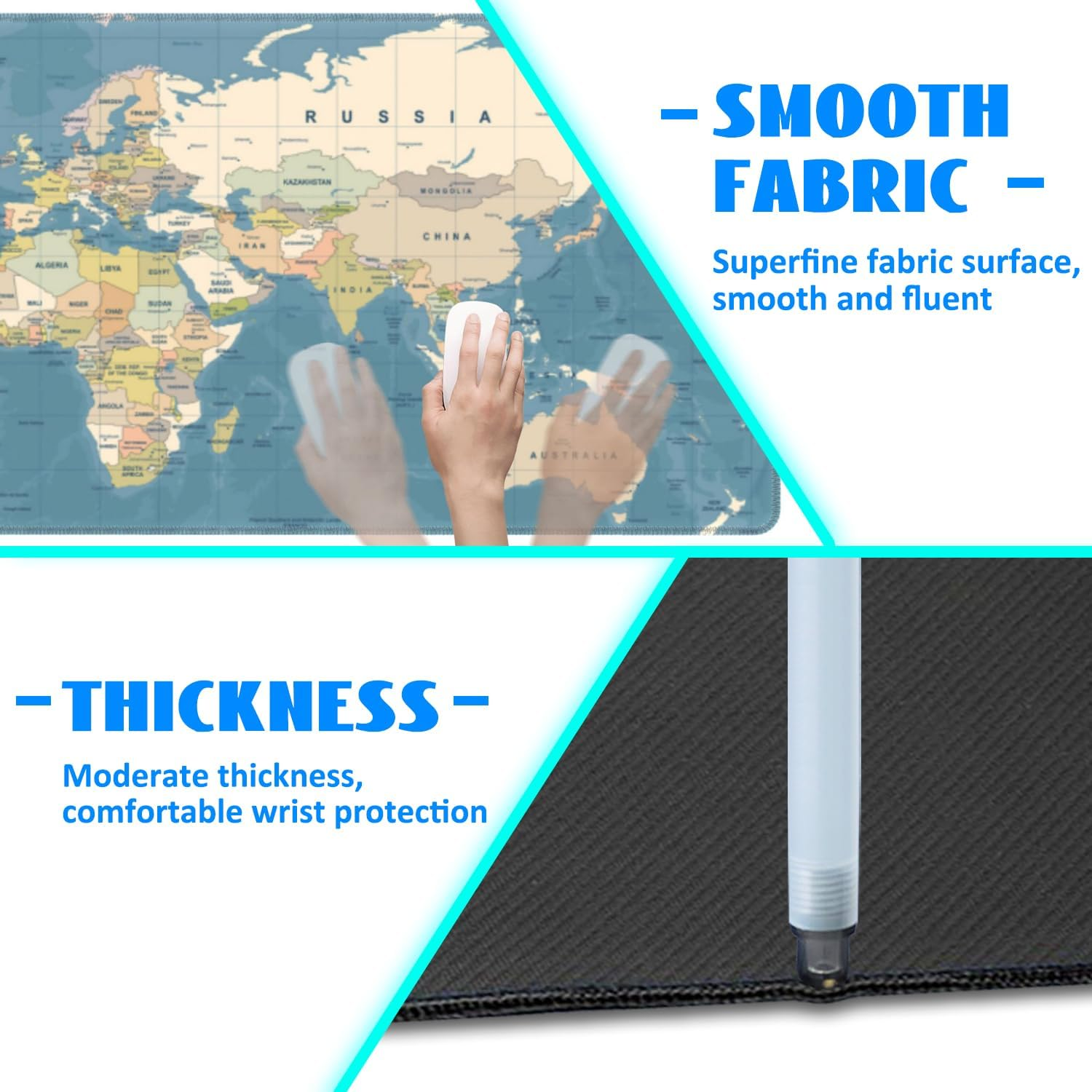 Desk Mat, Blue Vintage World Map Extended Gaming Mouse Pad Large, 35.4"X15.7" Big Mouse Pad with Non-Slip Base and Stitched Edge, Long Computer Keyboard Mouse Mat for Home Office Work