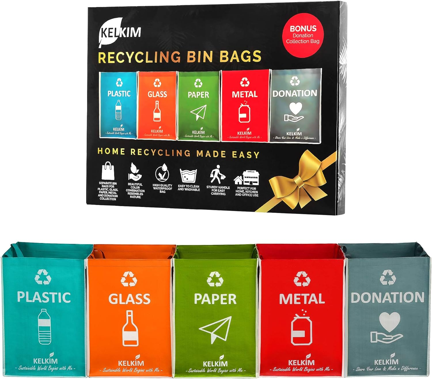 KELKIM Recycling Bin Bags & Donation Bag for Home Kitchen Office/Portable Indoor Recycle Waste Organizer/Waterproof Garbage Containers/Separate Recyclable Trash Sorting Bin/Big Size 5 Bags Set