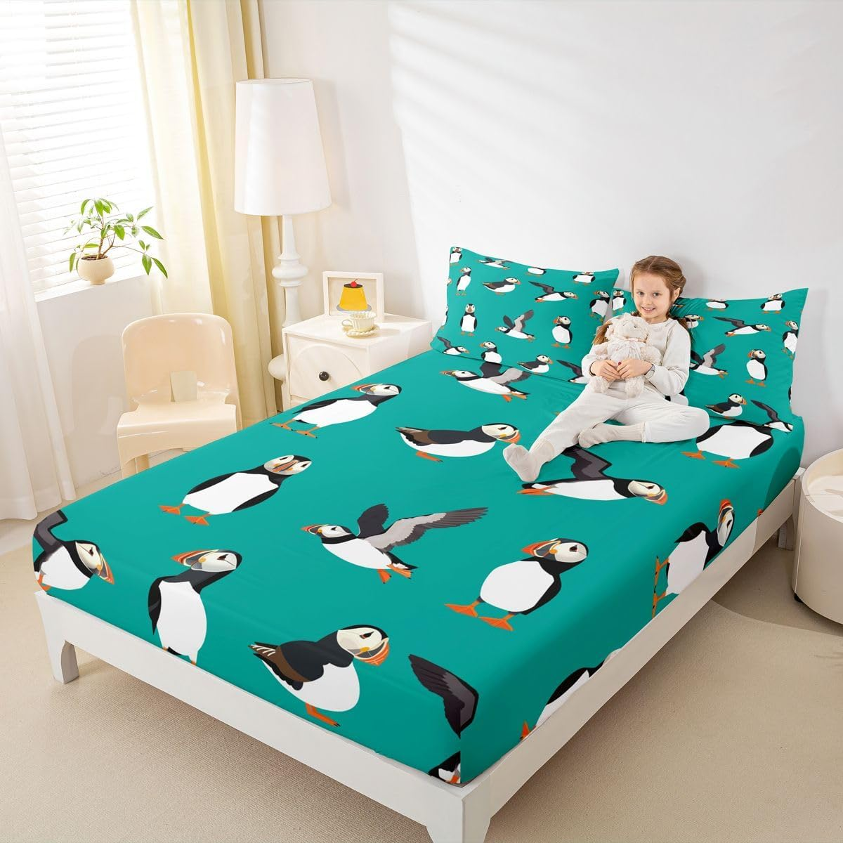 Puffin Bed Sheet Set Twin Size Puffin Bird Drawing Fitted Sheet for Kids Boys Girls Decor Cute Animal Theme Bedding Set Microfiber Polar Animal Bed Cover Bedroom image number 5