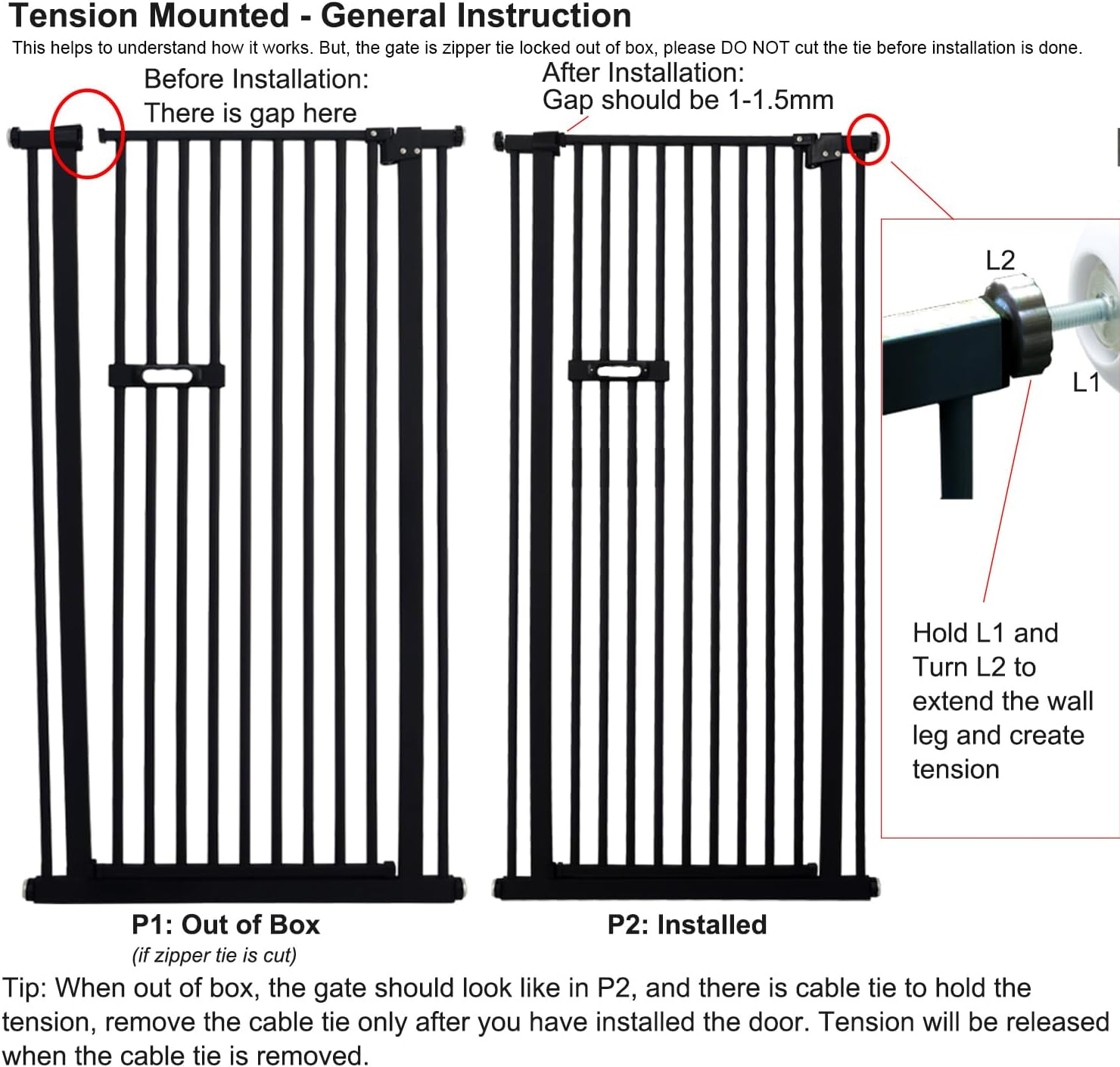Riin Extra Tall 150Cm Baby Pet Security Gate Metal Safety Guard Tension Pressure Mounted for Children Dog Kitten Adjustable Width Range 75-85Cm Largest Gap between Bars 42Mm Model Main Black image number 3
