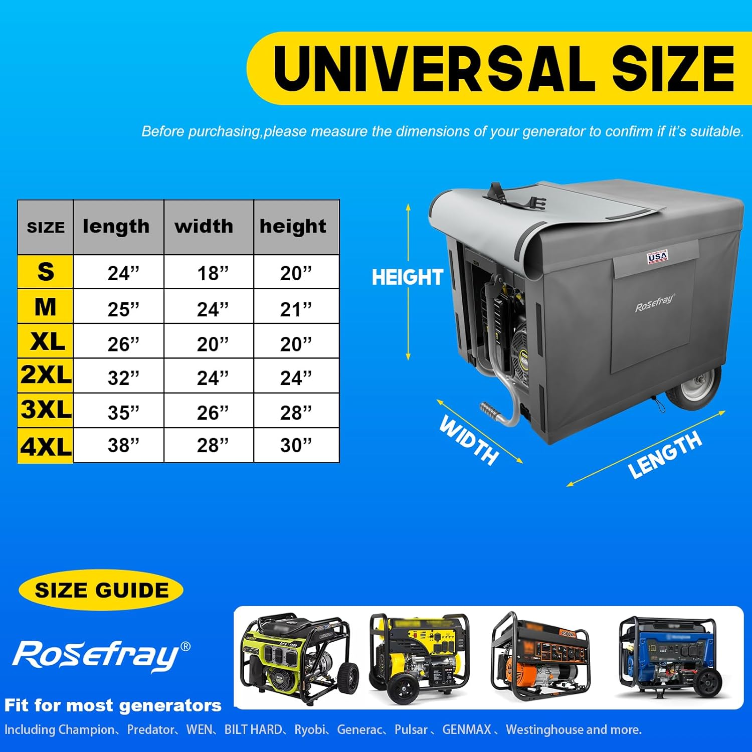 Rosefray Generator Cover-24&rdquo;Lx18&rdquo;Wx20&rdquo;H,600D Heavy Duty Waterproof, Small outside Equipment Cover for Champion,Predator,Wen,Ryobi,Generac,Westinghouse Portable Generator 3000-4500W-Gray/S image number 4