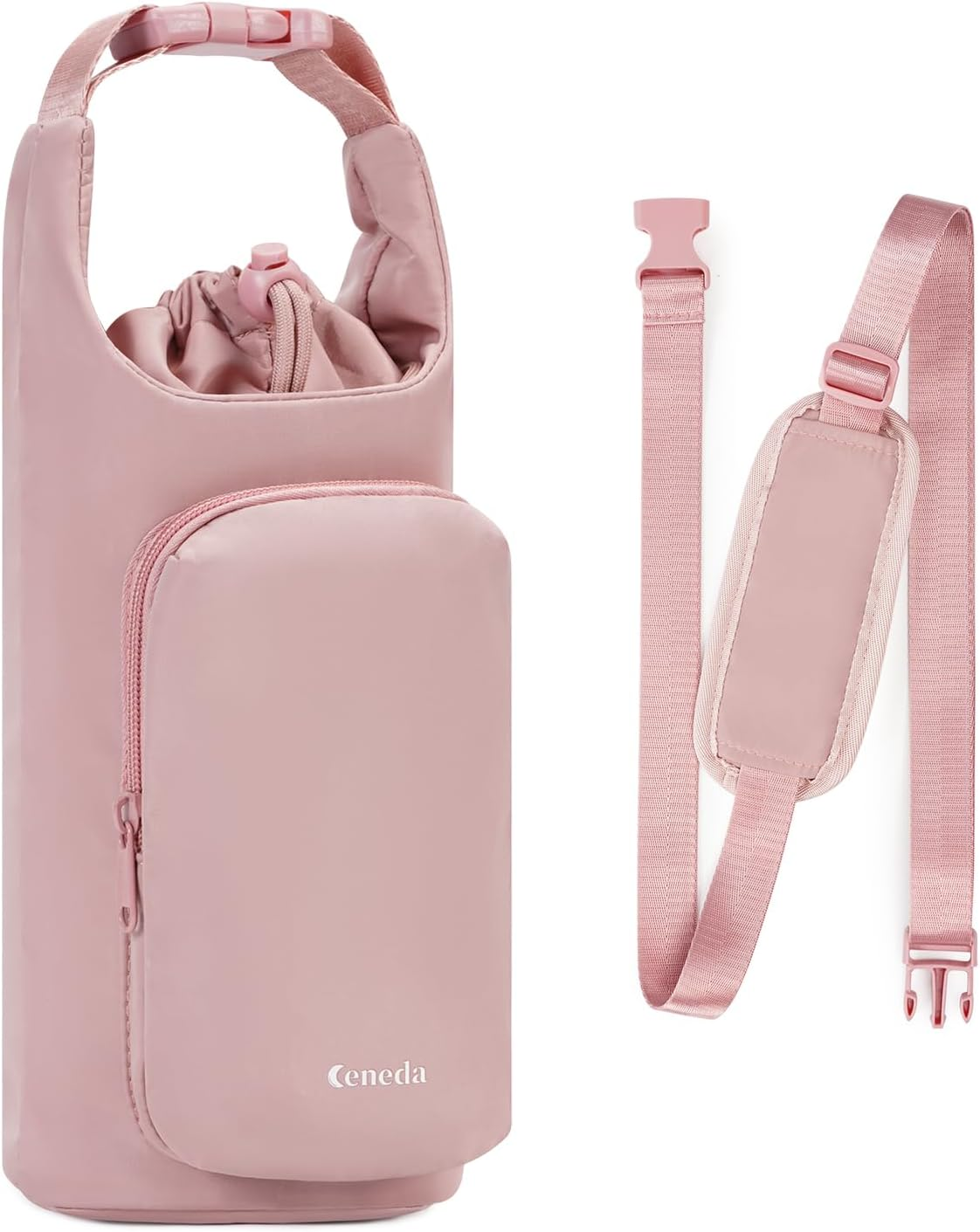 Ceneda Water Bottle Carrier Bag with Phone Pocket 32Oz 40Oz Tumbler Insulated Water Bottle Holder with Adjustable Shoulder Strap Carrier Sling Bag (Pink) - Beige image number 7