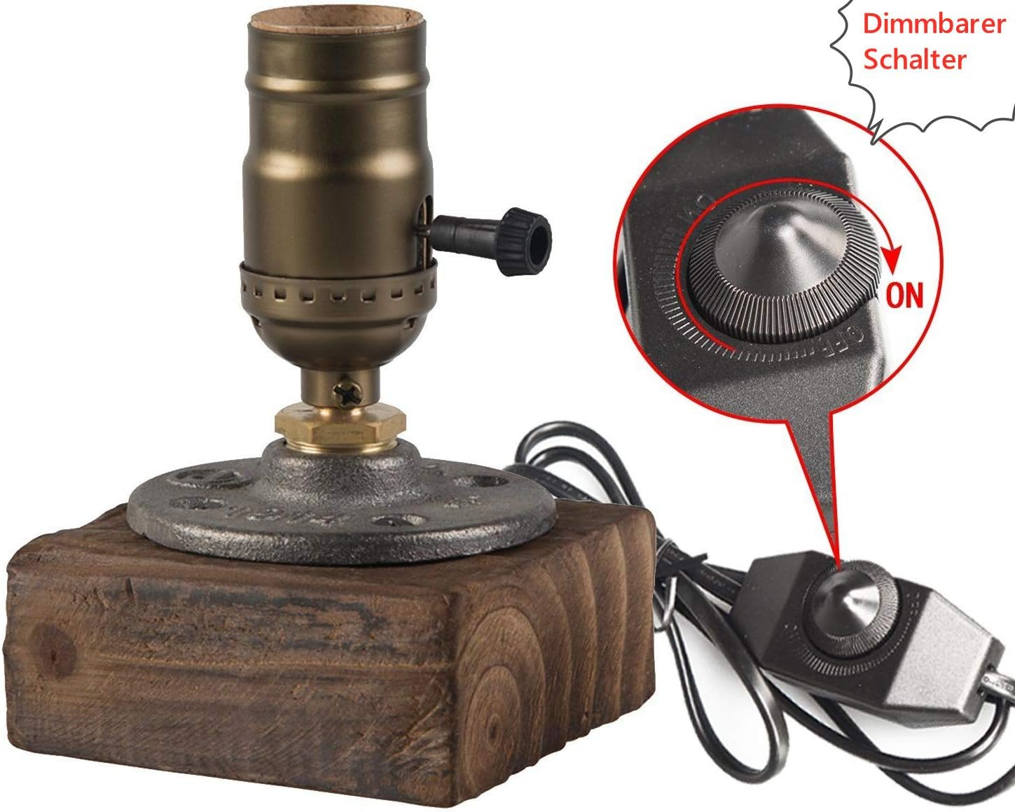 JINYU Weathered Wood Night Light Table Lamp Vintage Desk Lamp E26/E27 Edison Bulb Wooden Base Retro Industrial Steampunk Iron Pipe Flange Dimmable Nightlight for Bedroom Living Room Home Art Display image number 5